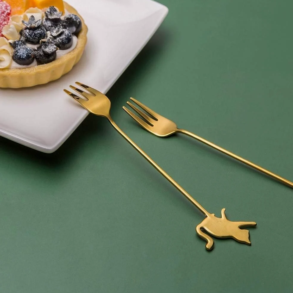 Cucharas de café y tenedores for pasteles, juego de 4 piezas de cubiertos de postre Lindo juego de 2 tenedores y 2 cucharas de acero inoxidable dorado Tenedor for ensalada de frutas Postre Pastel Café