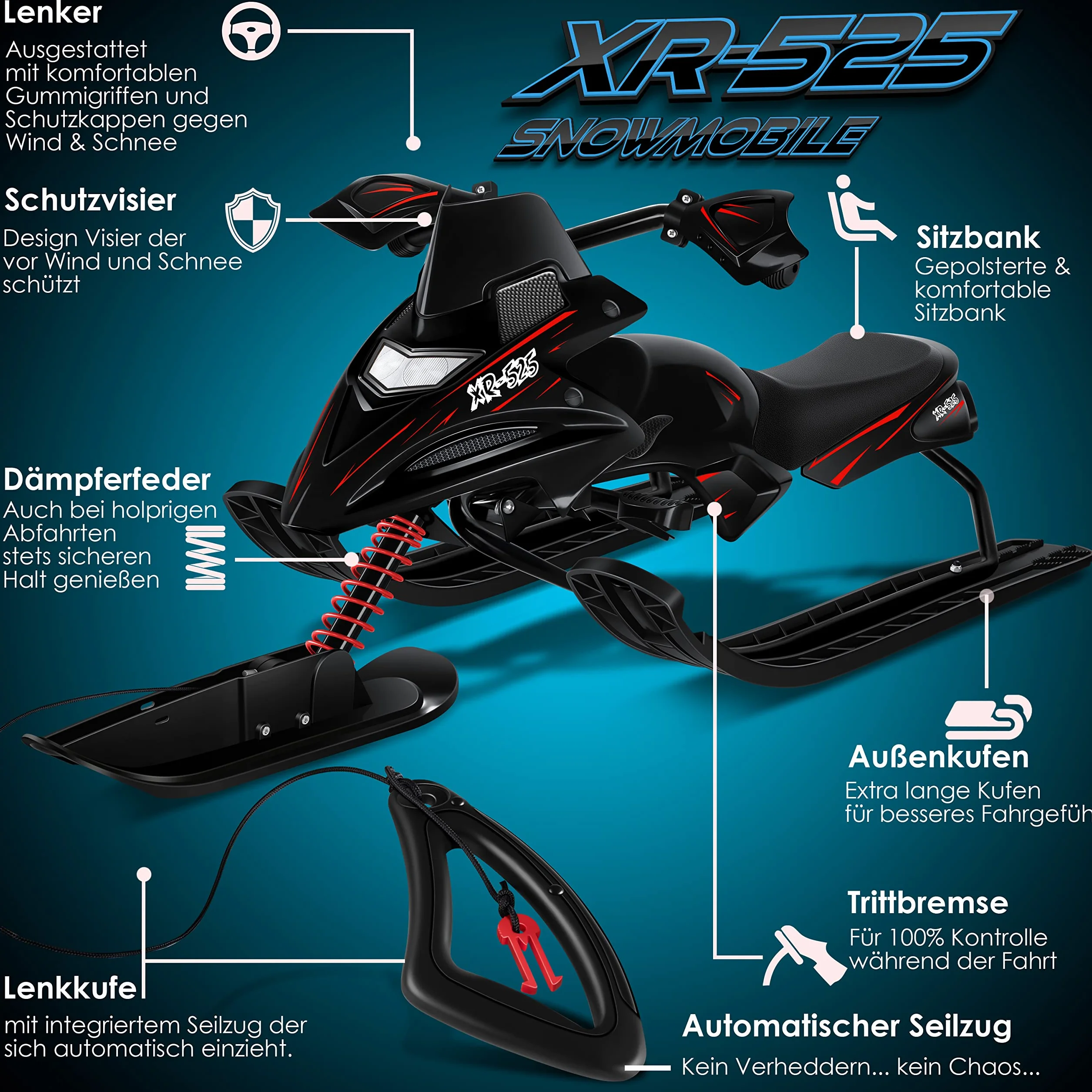 KESSER® Trineo de dirección con 2 Frenos de pie | Cuerda de tracción automática | Suspensión | Dirección de Deslizamiento | Bobsleigh Trineo Infantil Trineo | Trineo Skiboblenk
