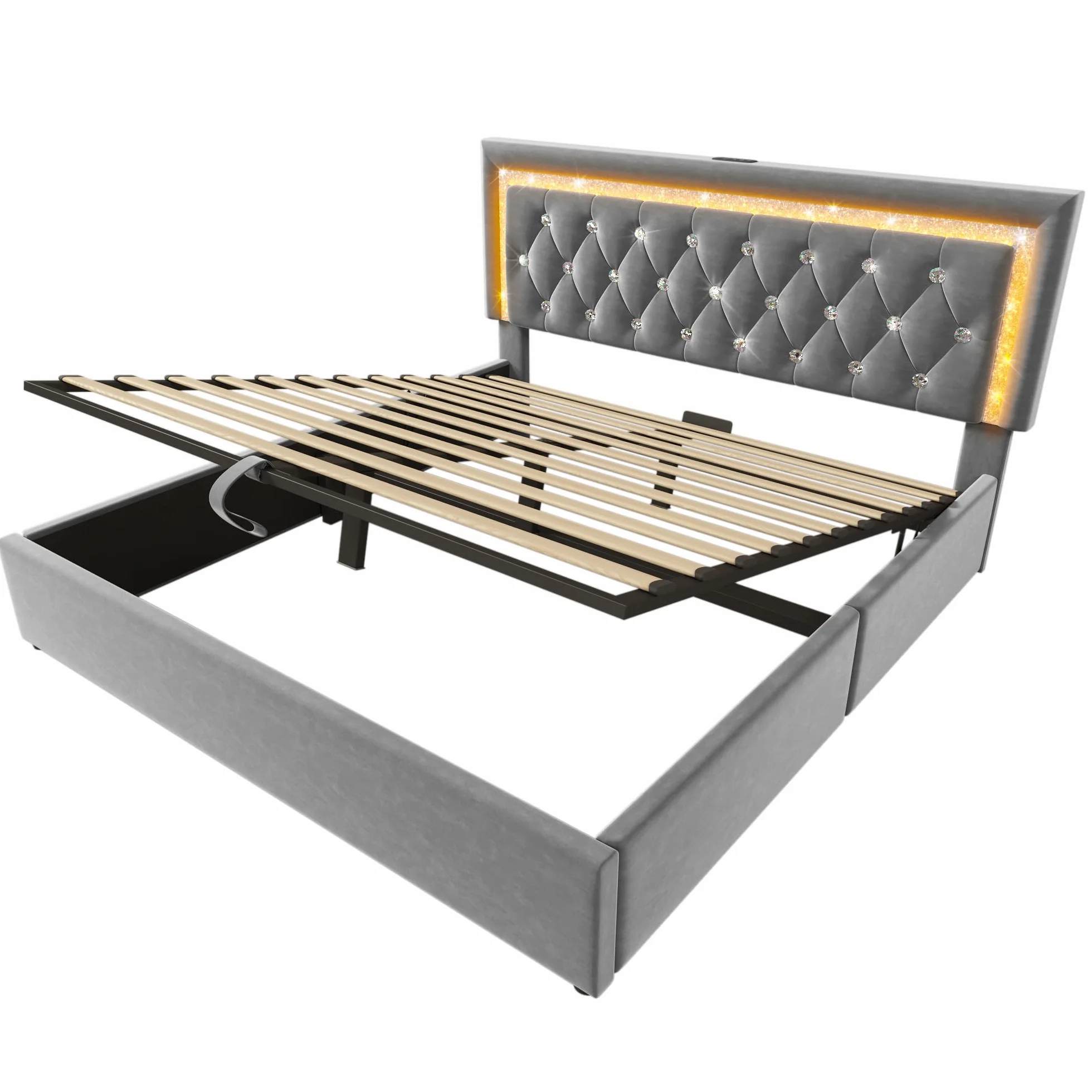 Cama Tapizada Matrimonio 140x200 cm con Cabecero LED y Carga USB, Camas Juveniles con Almacenaje Hidráulico, Camas Matrimoniales con Lamas de Madera, Terciopelo, Sin Colchón, Gris