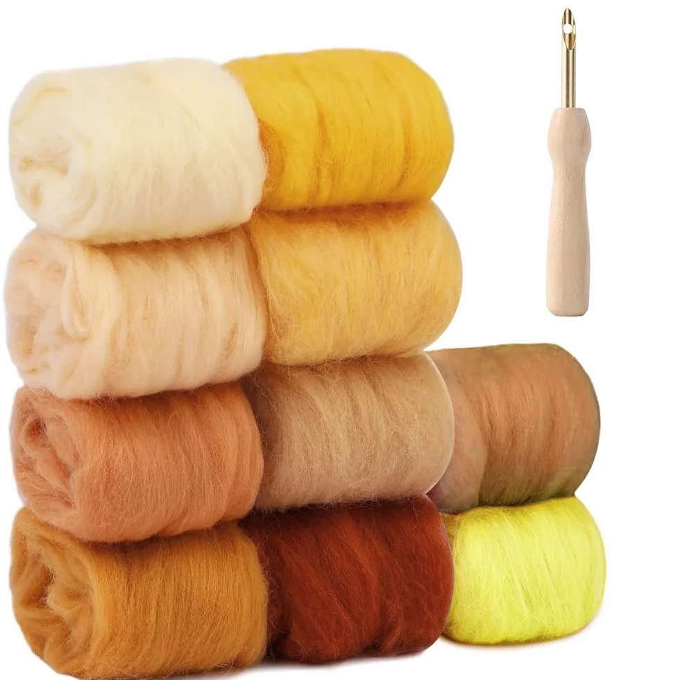 NAROSEBE 10 Rollos de Lana de Fieltro con Aguja Lana de Oveja Natural para tejer - 10 Colores Lana de Oveja Natural para Tejer 10 Gramos Cada Uno kit Fieltro de Lana para Manualidades 100g