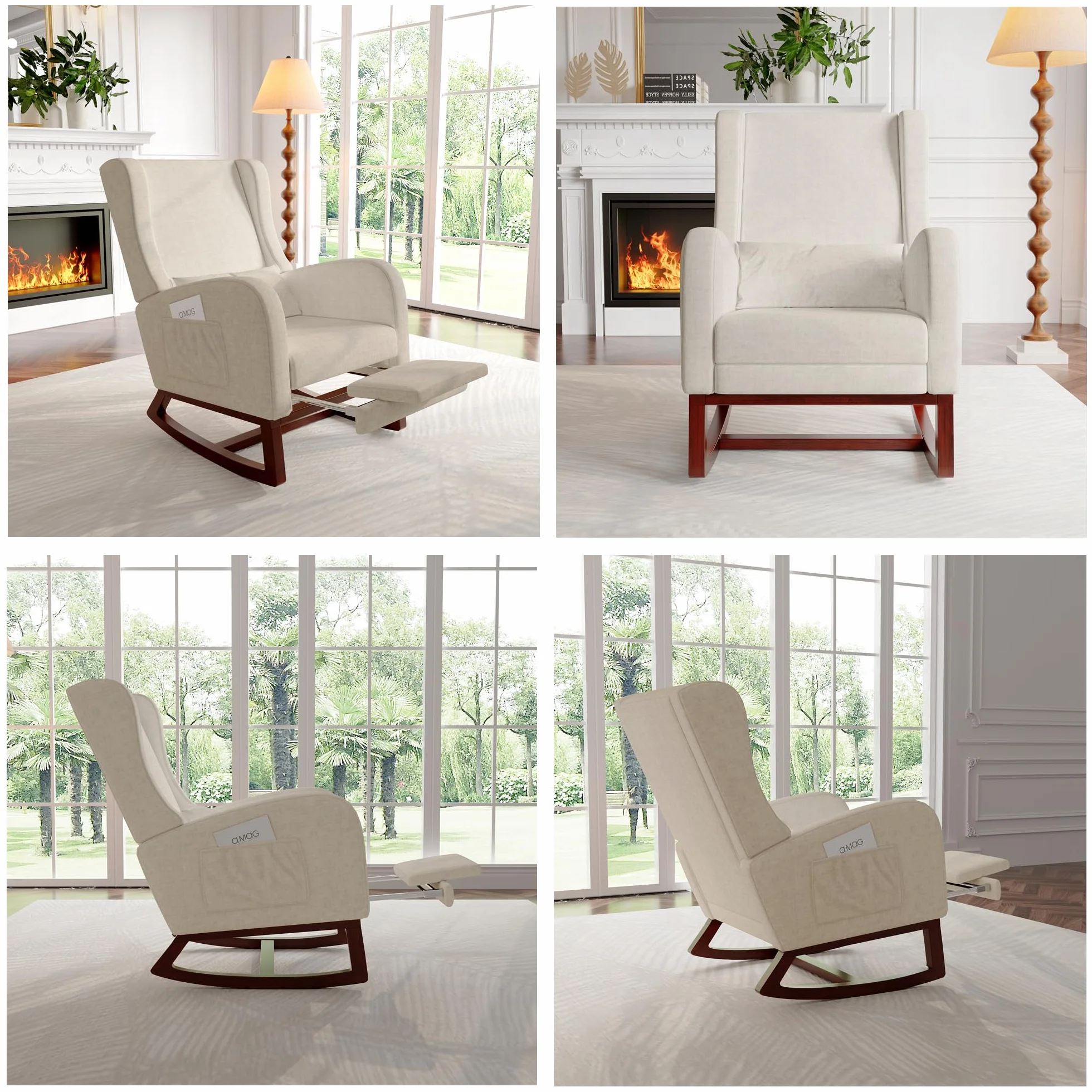 Mecedora de lactancia Lin Beige con reposapiés y reposabrazos, madera maciza, 67x64x99 cm