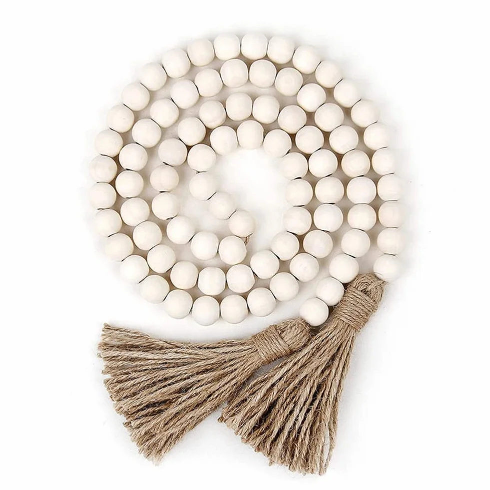 1 guirnalda de cuentas de madera de 130 cm, colgante con borlas, guirnaldas de cuentas de madera, perlas de oración, decoración de pared, cuentas de madera, para salón, dormitorio, color madera