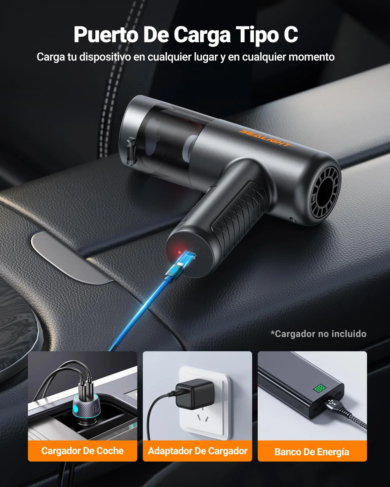 SEALIGHT Aspirador de Mano, 32000PA 4 en 1 Aspiradora de Coche con Motor Sin Escobillas, aciado Automático de un Toque, Aspirador Coche con Motor Sin Escobillas, para Pelo de Mascotas, Coche, Hogar
