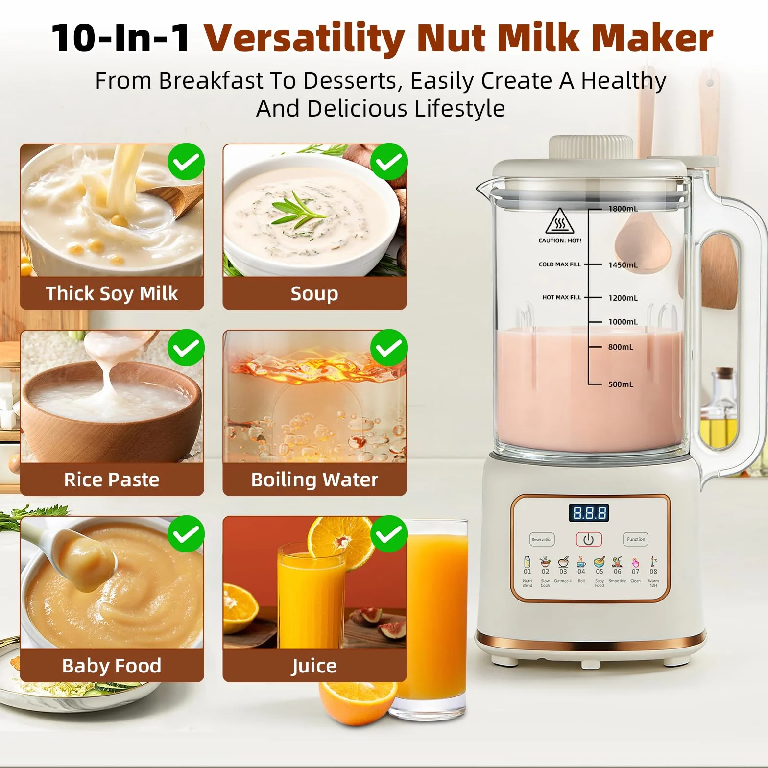 Máquina de Leche Vegetal 1500ml Máquina Multifunción para Leches Vegetales, 8 Programas Automática para Leche de Soja, Avena, Almendras, 800 W, Libre de BPA