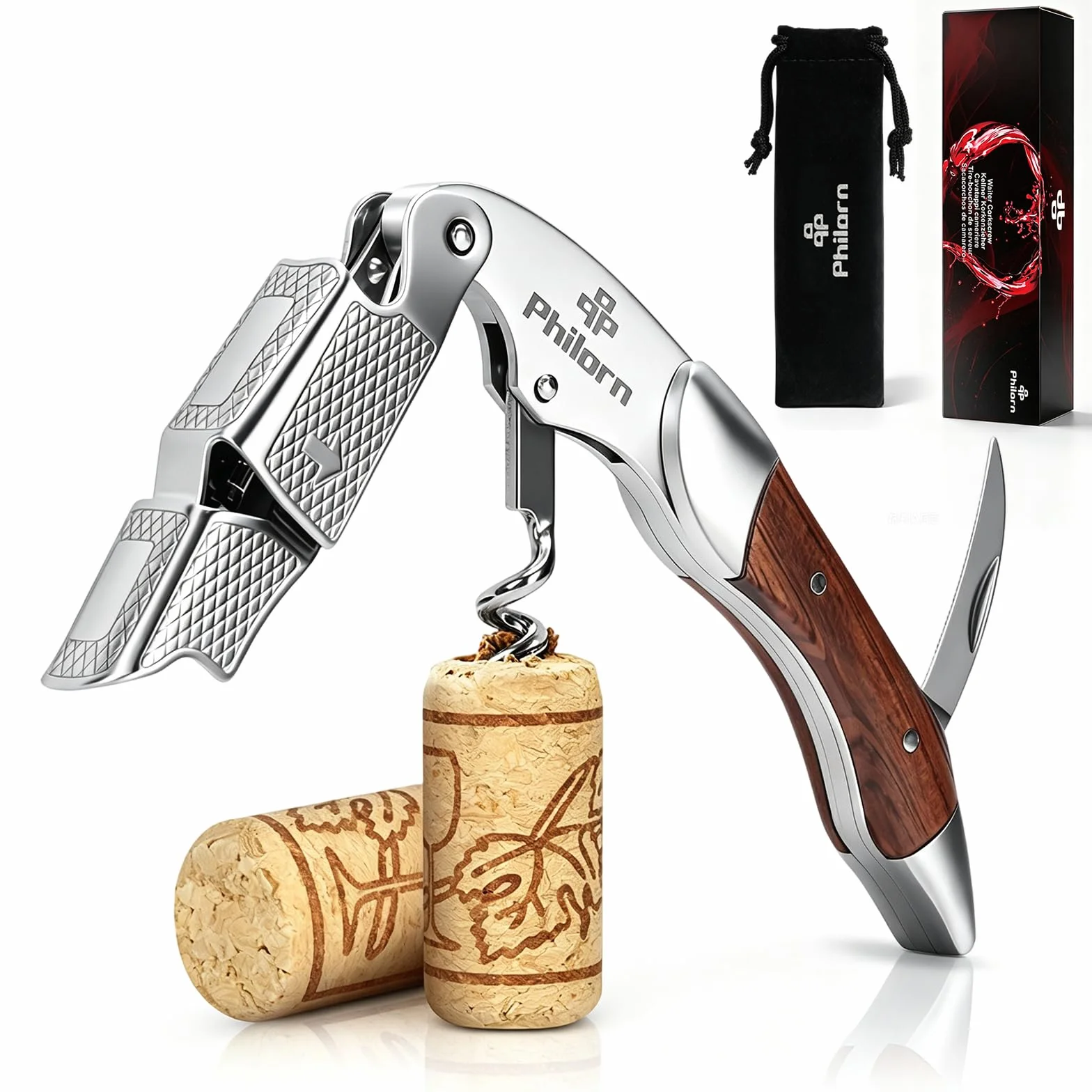 PHILORN Sacacorchos Profesional, Abridor Vino de Palo de Rosa Natural y Acero Inoxidable Premium, Ebook de Vino Gratis, Foil Cortador, Abrebotellas, Todo en 1, Mejor Elección de Camarero, Sommelier