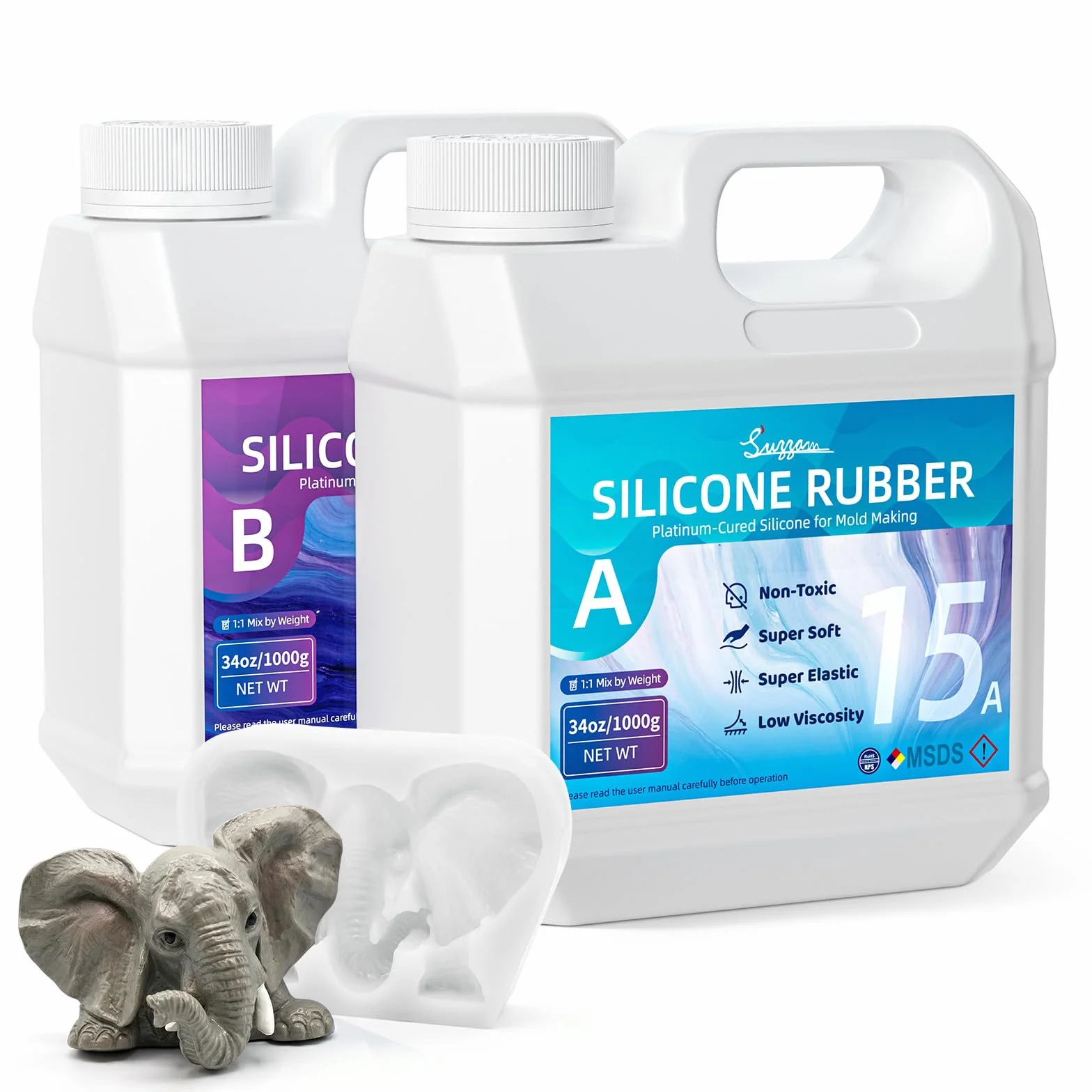 Suzzam Kit de Silicona para Moldes, 2000g Silicona Líquida Platino Translúcida, Silicon para Moldes 15A Súper Elástica para Resina, Jabón, Velas, Yeso etc. – Curado Rápido