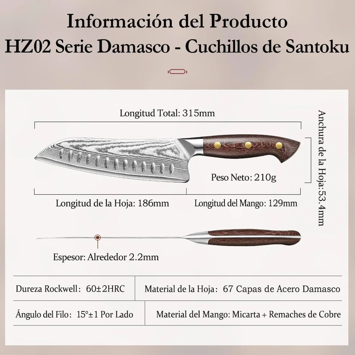 HEZHEN Cuchillo Santoku con Funda de Madera, Cuchillo de Chef Estilo Japonés Cuchillo Gyuto, Hoja de Acero Damasco de Alto Carbono, Full Tang Mango de Micarta