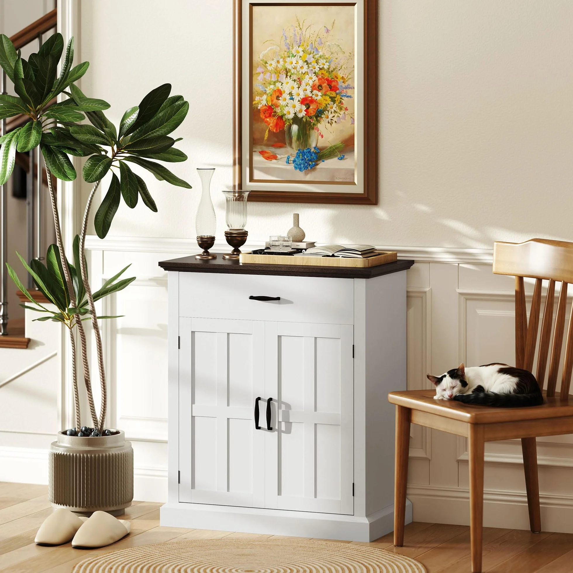 HOMCOM Aparador de 2 Puertas Aparador para Salón Rústico con 1 Cajón Estante Ajustable para Comedor Entrada Blanco 75,2x40x91,5 cm