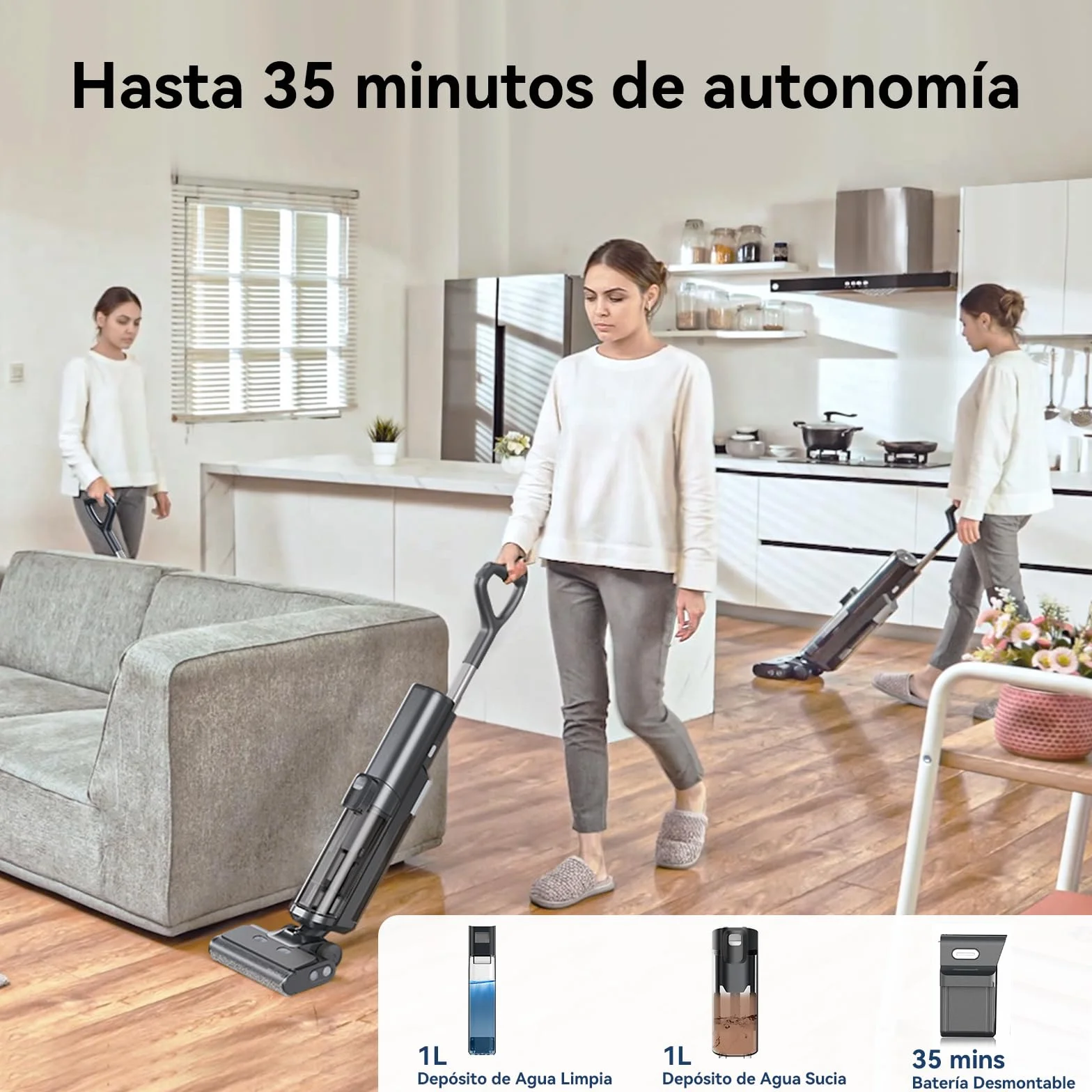 Proscenic F20A Aspirador Escoba sin Cables en Seco y Húmedo,35Min, 2L Tanque Agua, Limpieza de Bordes, Autolimpieza, Secado por Aire Frío, LED Pantalla, Suelos Duros y Pelo de Mascotas