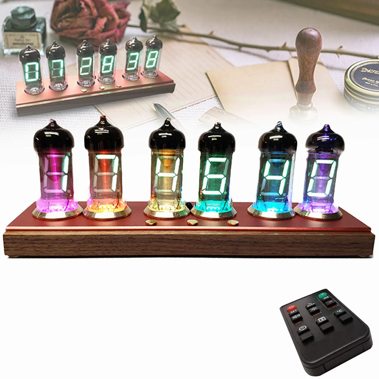 Regalos Personalizados, Reloj Bluetooth para Dormitorio, Reloj de Escritorio Digital Luminoso Retro, Ajuste de Alarma, Control Remoto Bluetooth/infrarrojo, Brillo de Colo