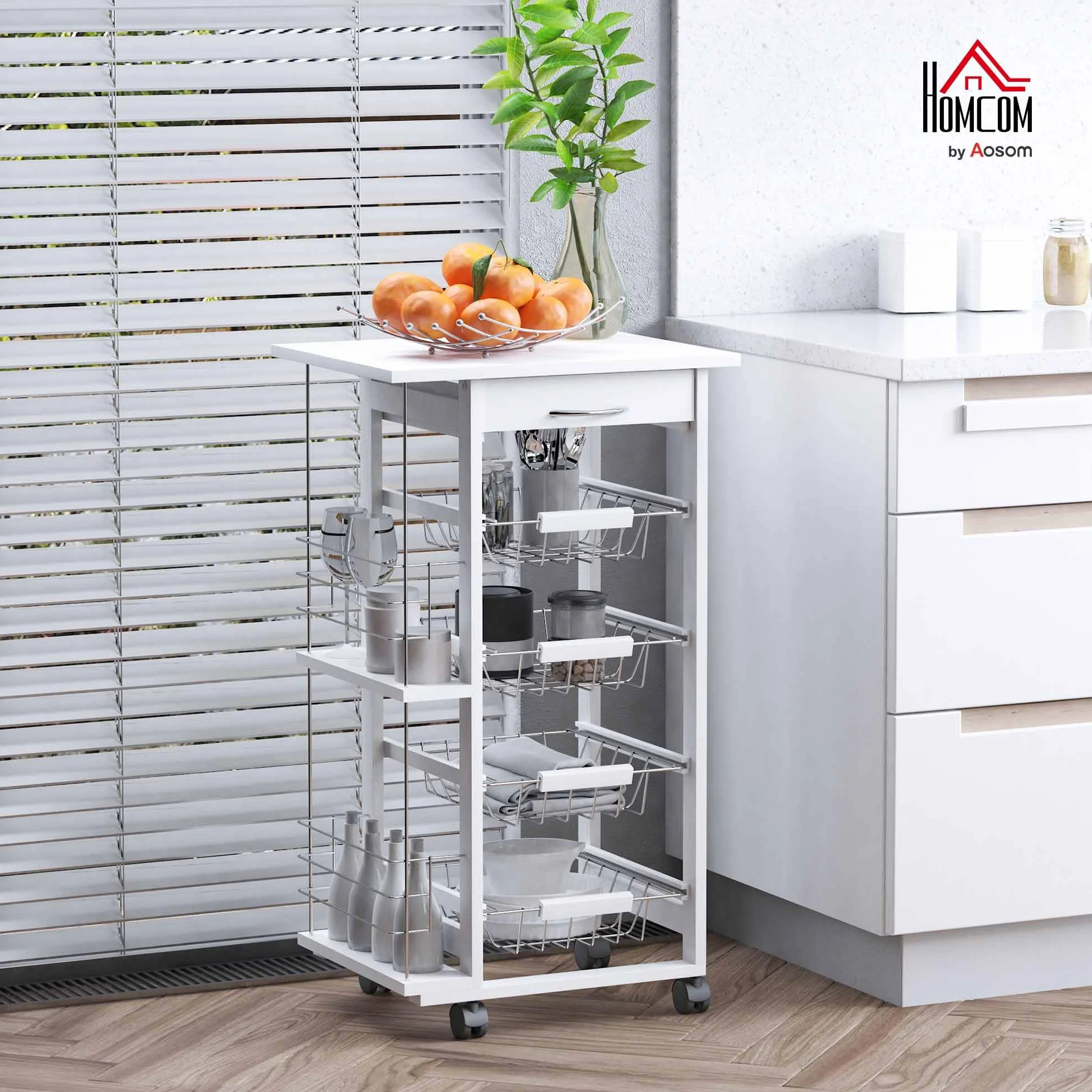 HOMCOM Carrito de Cocina con Ruedas Carro Multiusos con Cajón 4 Cestas Extraíbles de Metal y Bastidores Laterales 47x37x83 cm Blanco
