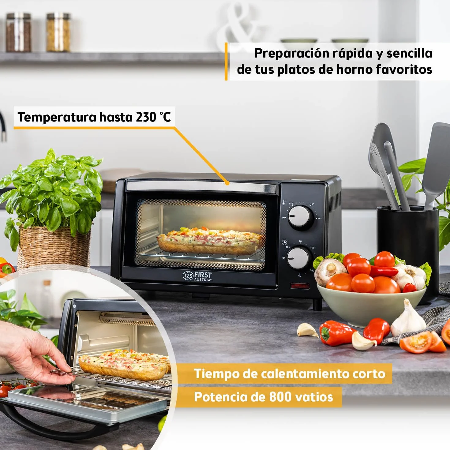 TZS First Austria - Mini Horno 10L 800W - Minihorno con regulación de temperatura hasta 230°C - Con temporizador de 60 min, 2 alturas de inserción, bandeja y parrilla - Para cocinas pequeñas y camping