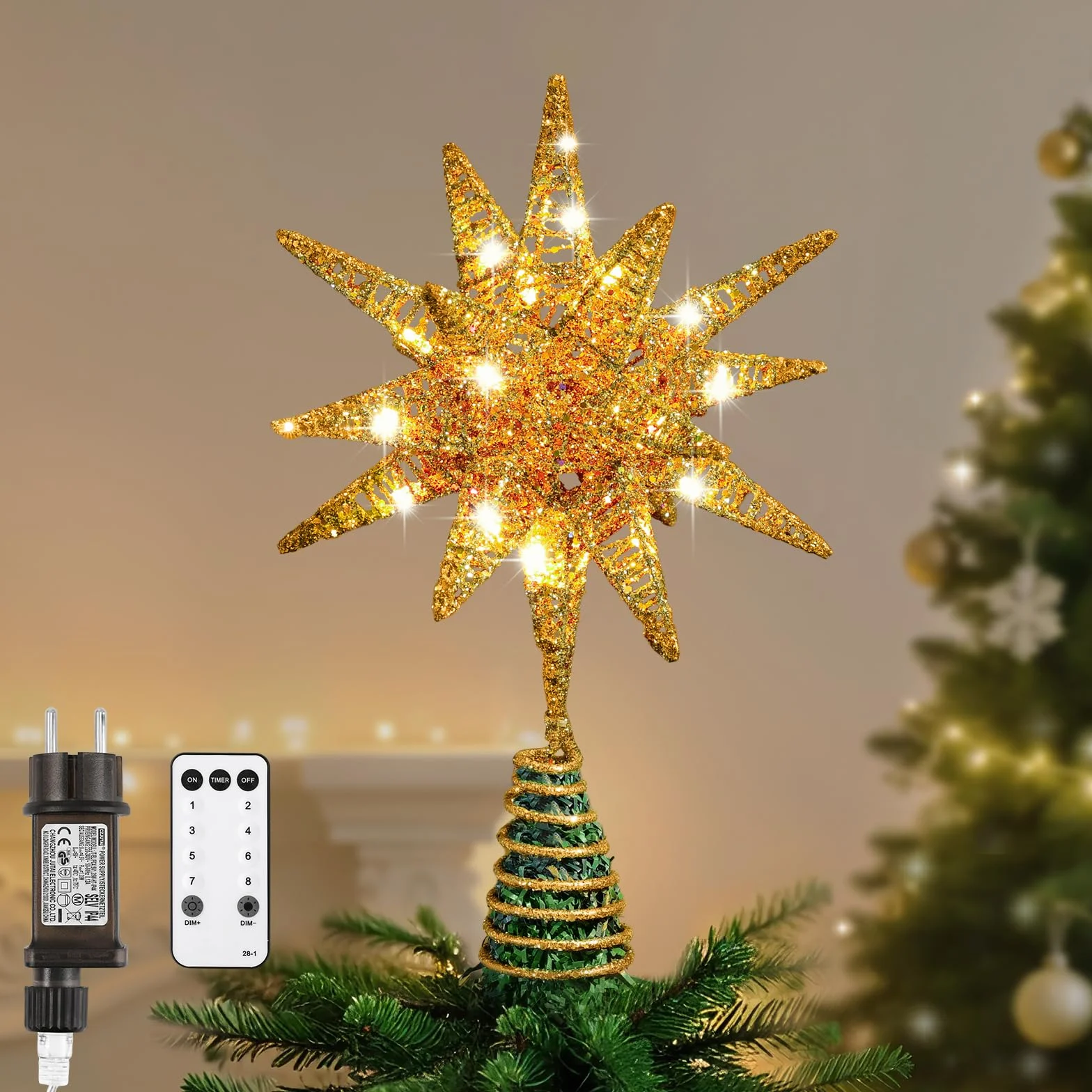 Lewondr Estrella para Árbol de Navidad, 11" Enchufable y Control Remoto Estrella de Copa Geométrica 3D Iluminada para Decoración Navideña, Función Temporizador y Cable 5m, Luz Cálida, Oro