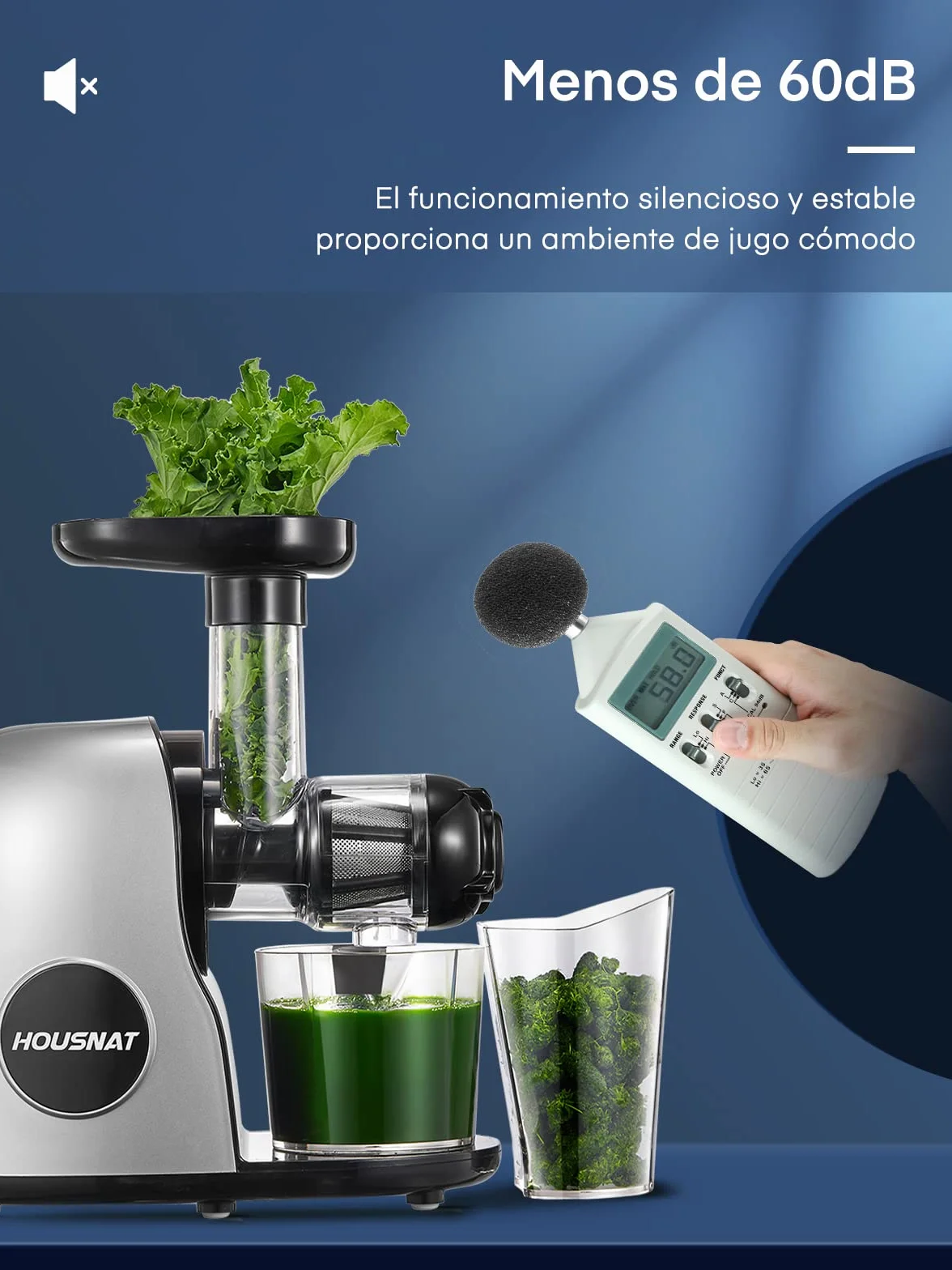 Housnat Extractor de zumos y verduras, Licuadora de Prensado en Frío con Motor Silencioso y Función Inversa, Licuadora para Verduras y Frutas Fácil de Limpiar con un Cepillo Extra, con Recetas
