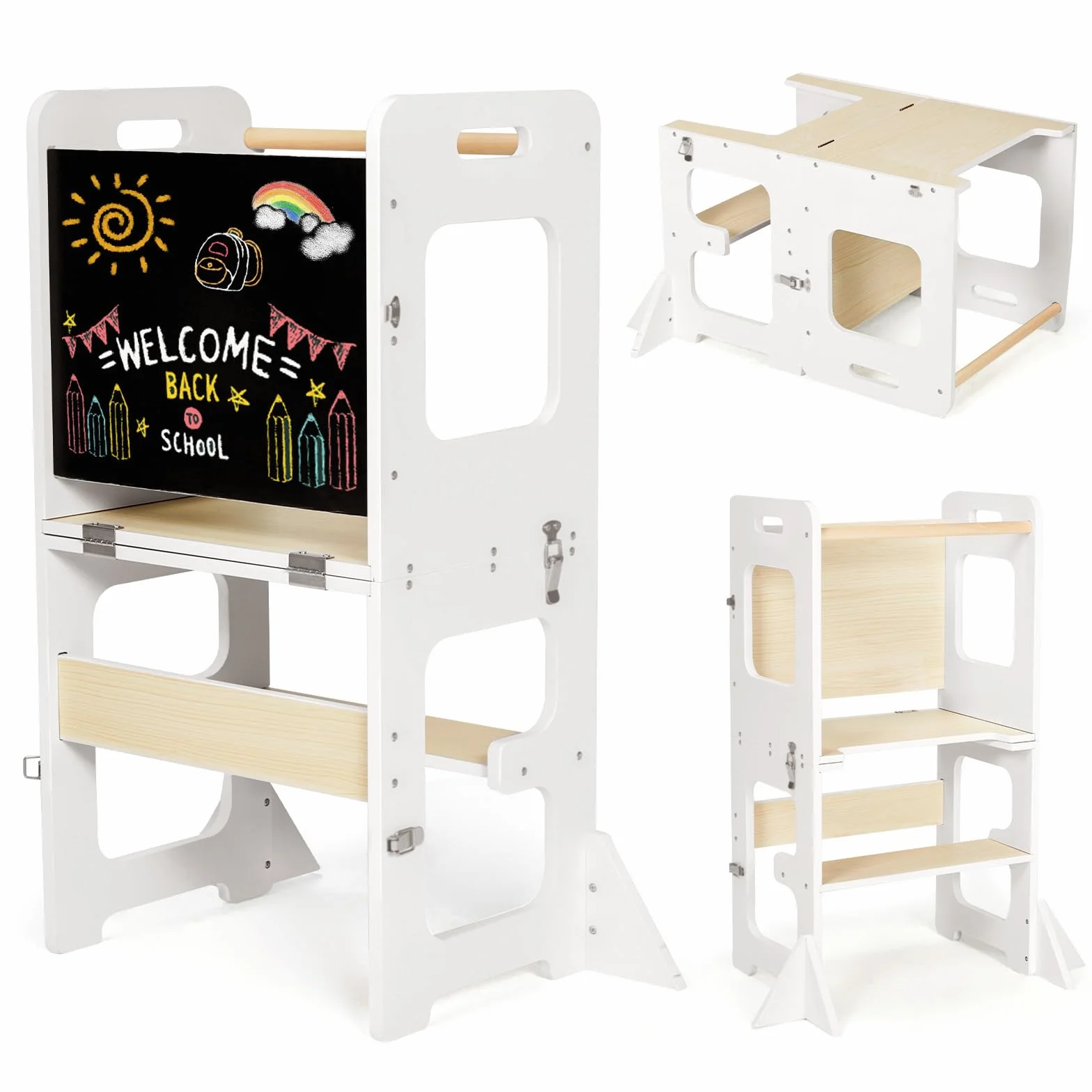 Labebe Torre de Aprendizaje Montessori Plegable 3 en 1 para Niño a Partir de 1 Año Blanco y Madera