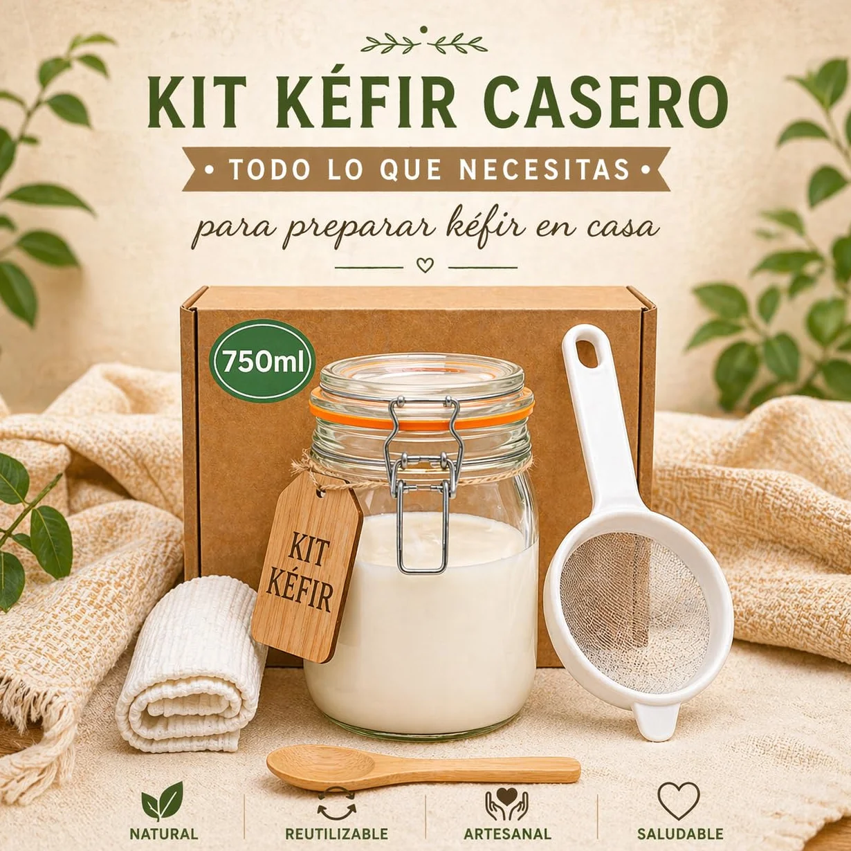 Kit kefir casero - MAGIC RAINBOW - Tarro de cristal con tapa 750 ml colador plástico cuchara madera paño textil y caja de inicio para preparación doméstica - Sin kéfir incluido