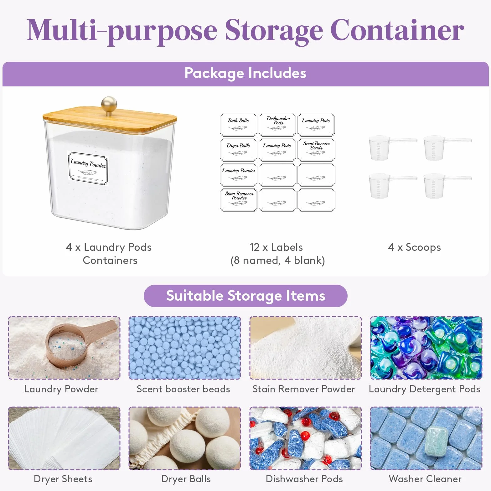 Lifewit 2700 ml Contenedor Detergente Polvo Con Tapa de Bambú, Lavanderia Organizador, Pastillas Lavadora Caja de Almacenamiento de Plástico, Contenedores para Baño, Tarros, Natural, Juego de 4