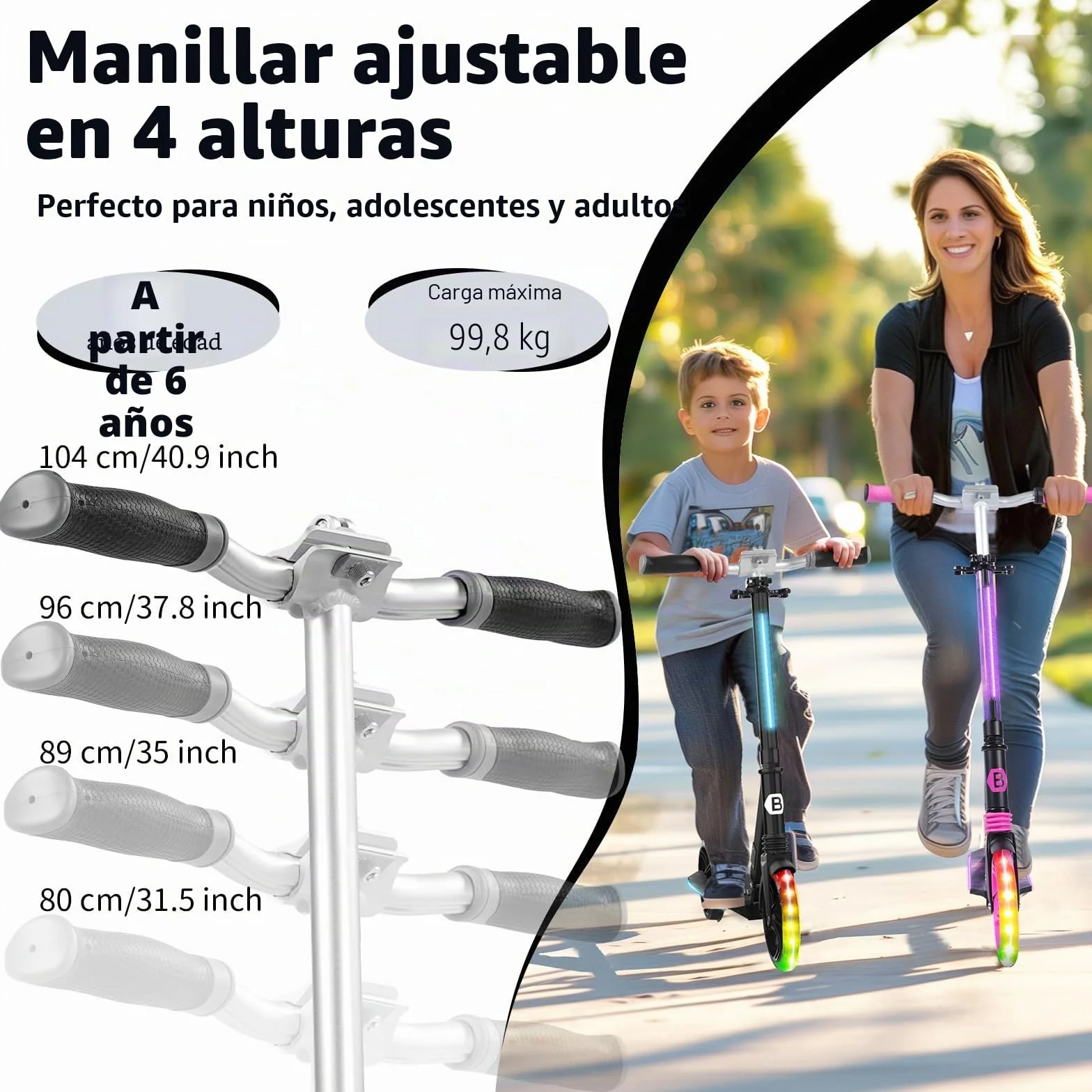 BELEEV Patinete Plegable 2 Ruedas con Luces LED, Rueda 200mm, Altura Ajustable, Adulto Niño