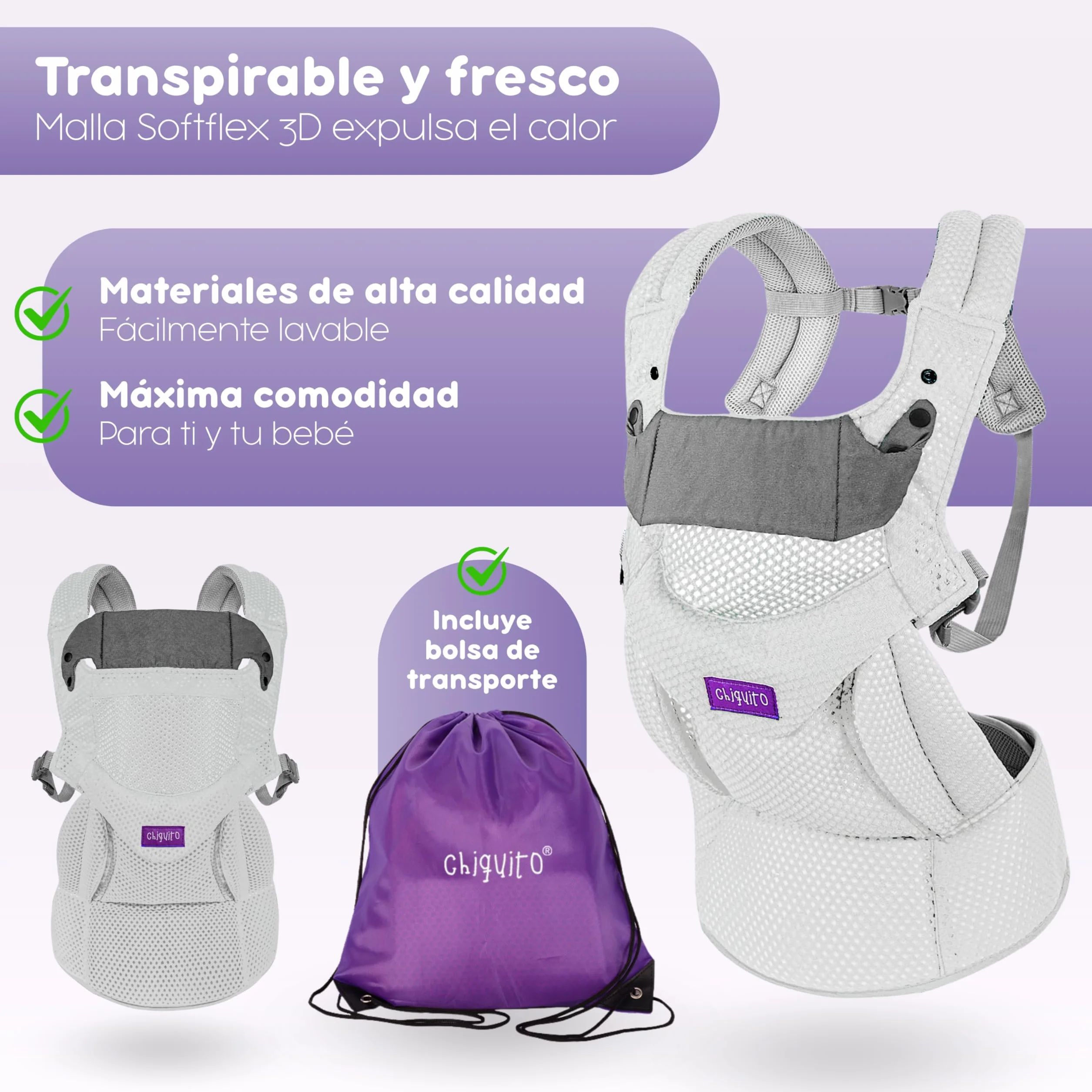 Chiquito Mochila Portabebés 0-36 m 3,2-15 kg Ergonómica Transpirable Softflex Malla 3D Soporte Lumbar Gris Hielo