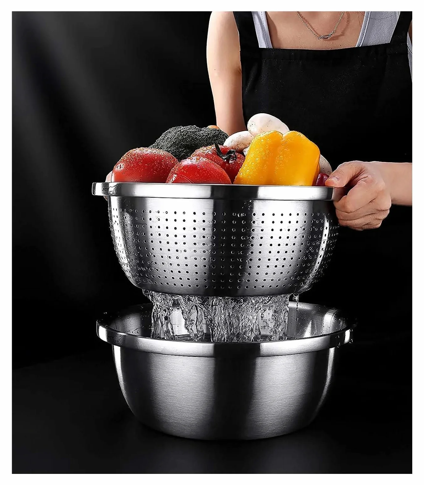 Juego de Cuencos for Mezclar Acero Inoxidable, Recipiente Grande Metal, ensaladera Resistente, Cesta escurridora for Frutas y Verduras(Bowl 32cm)