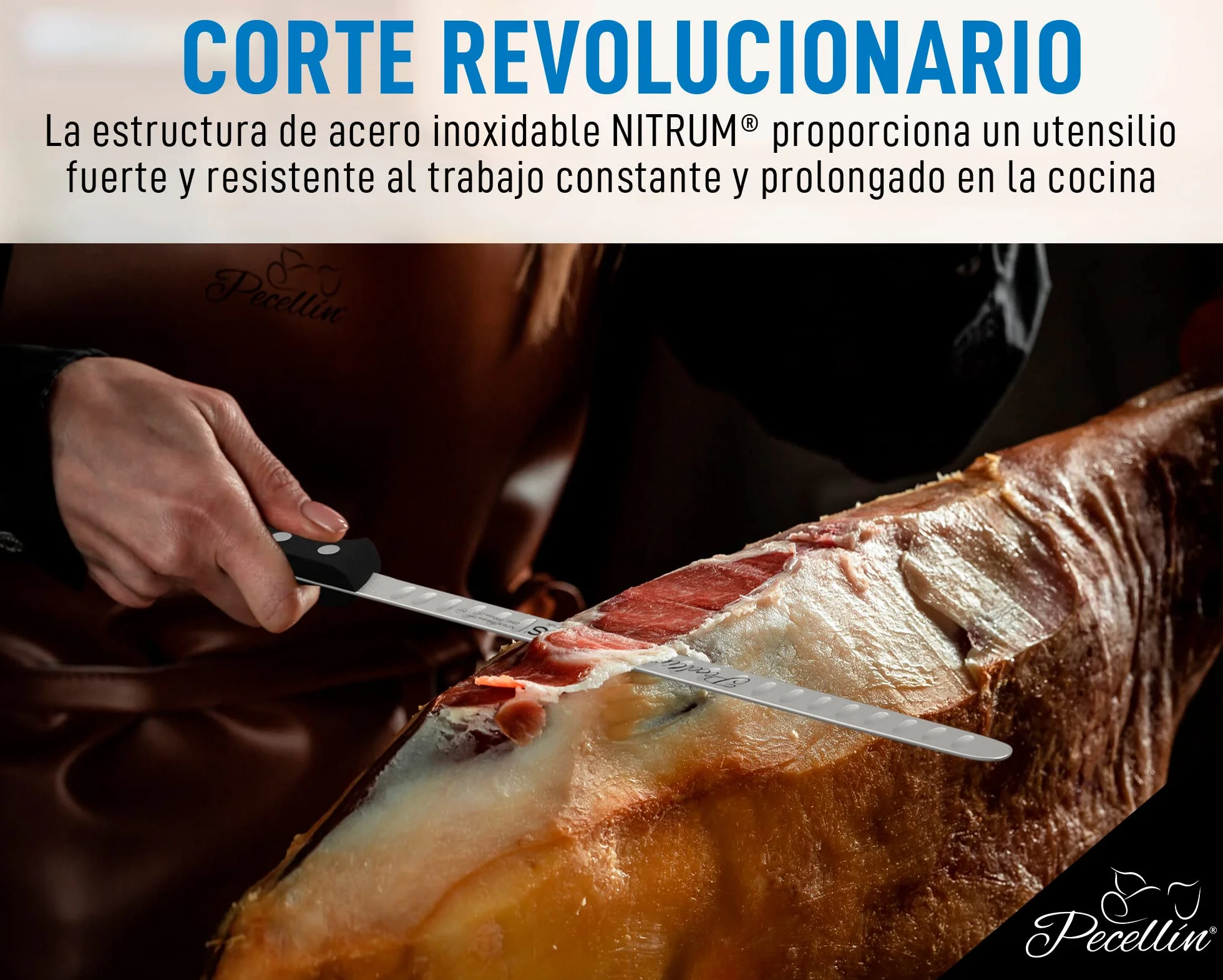 Cuchillo Jamonero Profesional con Alveolos de 29cm | Cuchillo Jamonero de Calidad de Hoja Flexible Acero Inoxidable NITRUM Proteccion Bacteriana para Patas de Jamón y Paletas