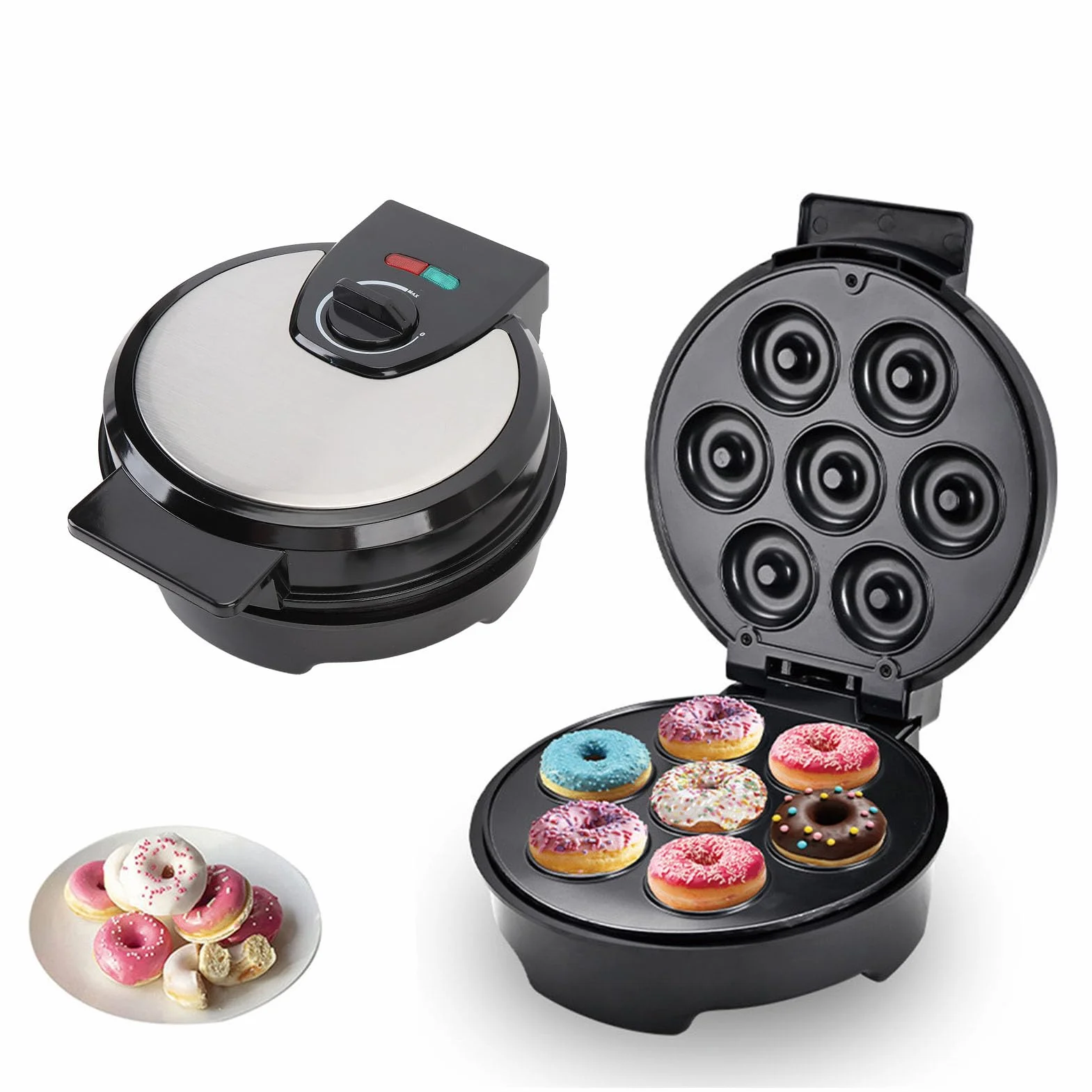 Mini Donut Maker, Recubrimiento Antiadherente Donut Maker para 7 Donuts Pequeños, Molde para Hornear Donuts de 1000W para Desayuno Casero Postres Aperitivos