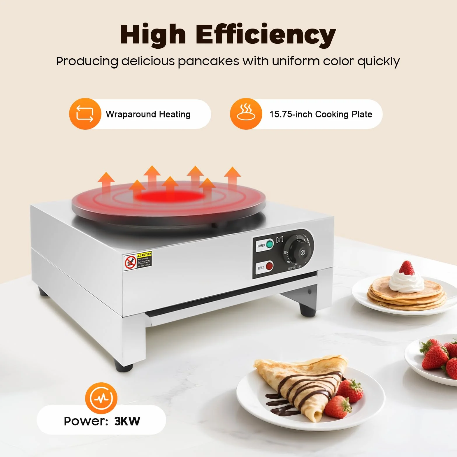 Crepemaker - Máquina eléctrica para crepes (3000 W, 40 cm, antiadherente, acero inoxidable, control de temperatura, para panqueques, tortitas de huevo, crepes