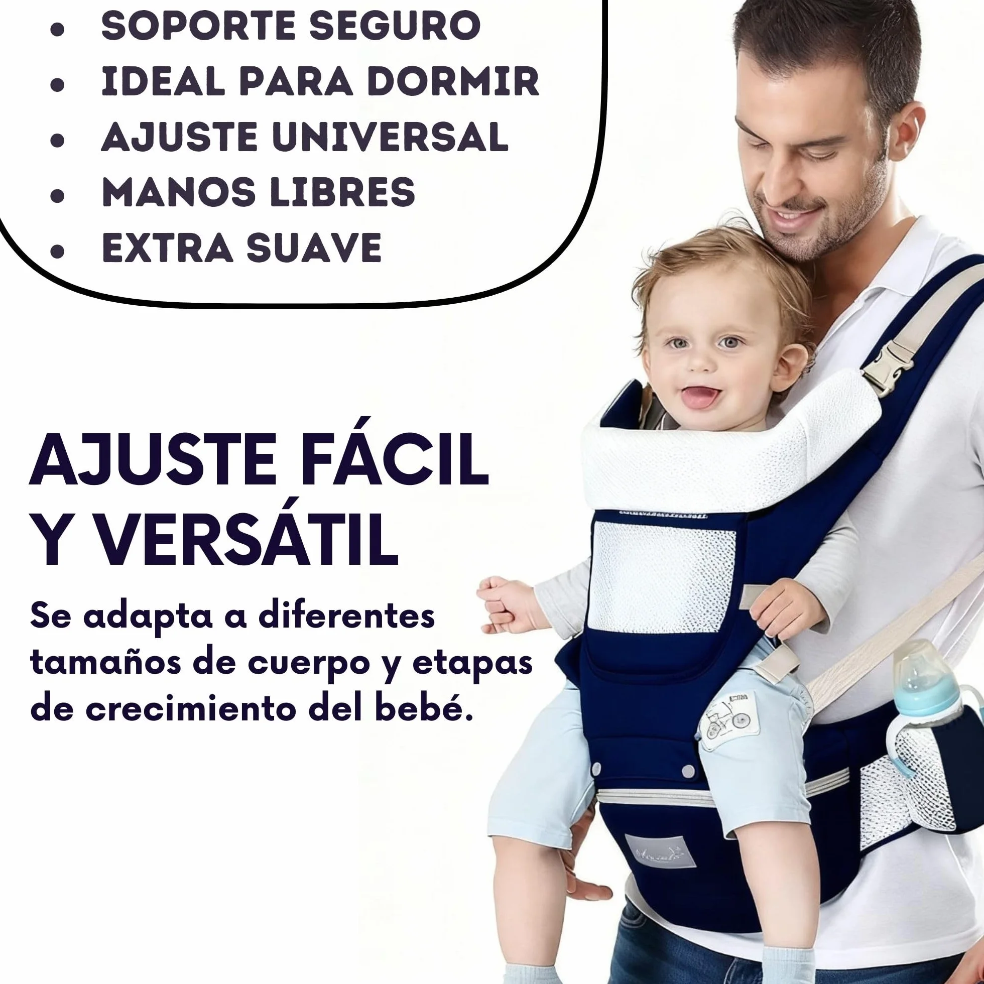 Mochila Portabebés Ergonómica 0-36 Meses Ajustable Soporte Lumbar Tirantes Acolchados Transpirable Algodón Suave Antialérgico Azul Marino
