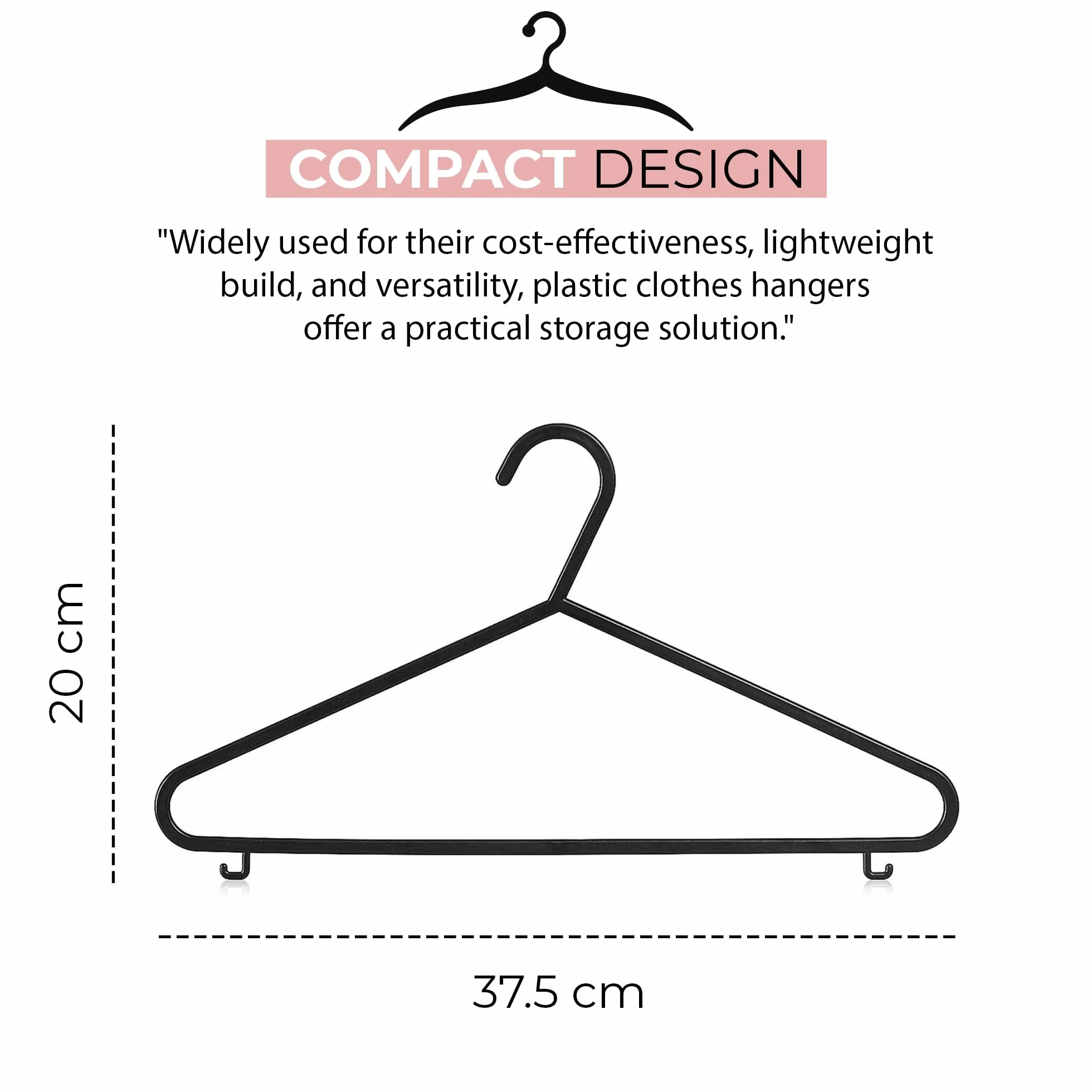 Roe Tenpo Perchas para Abrigos, Paquete de 25 Unidades, Color Negro, Perchas de plástico para Ropa para Adultos, duraderas y Ligeras, diseño Antideslizante Que Ahorra Espacio para Camisas, Chaquetas