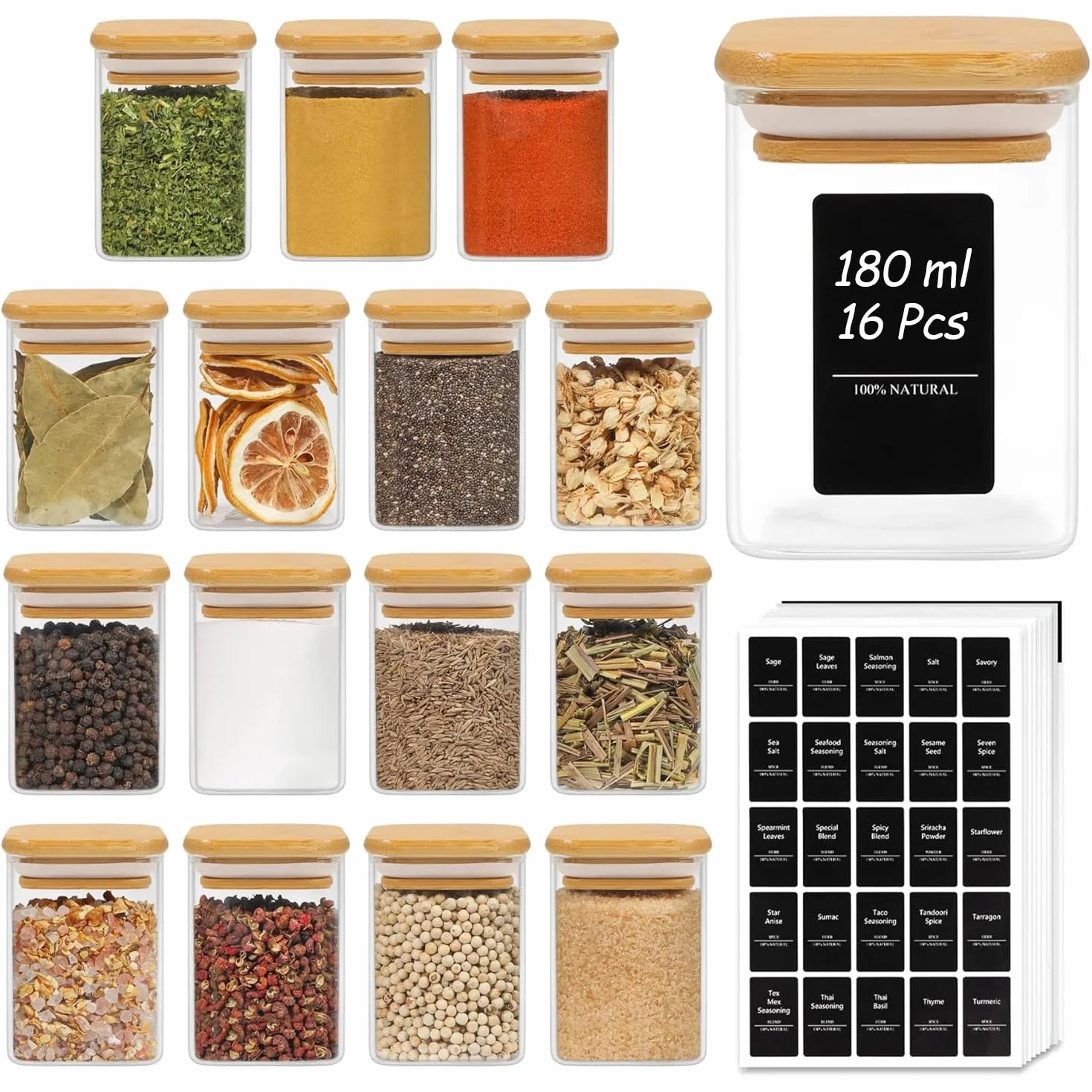 ComSaf Botes Especias Cristal 180 ml 16 Piezas, Botes Especias Cristal Cuadrados con Tapa, Frascos Especiarias Herméticos, Salero, Azucarero, Pimentón Dulce, para Cocina y Despensa