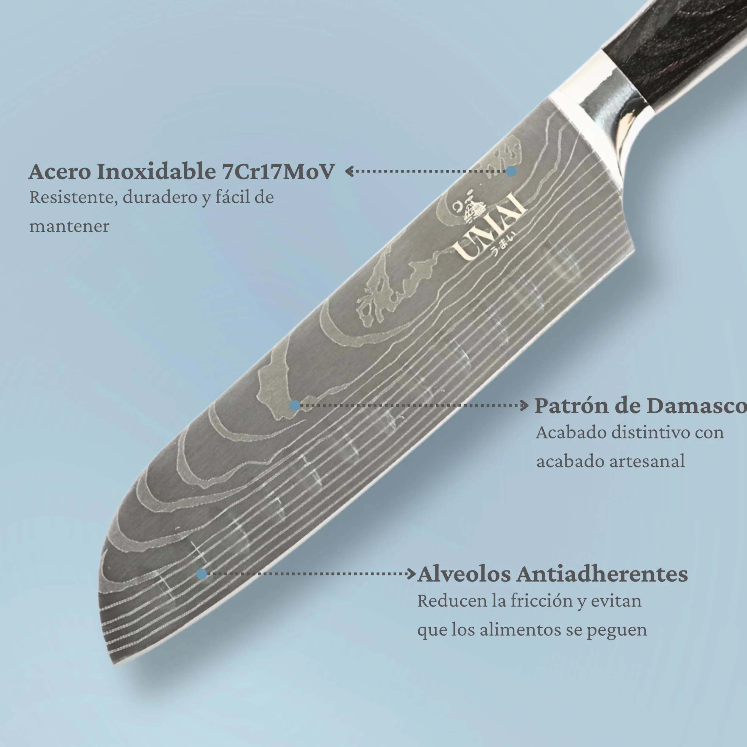 UMAI Cuchillo Santoku 18 cm (7") – Cuchillo de Cocina Japonés de Acero Inoxidable 7Cr17MoV con Patrón de Damasco – Mango Ergonómico de Madera Pakka, Hoja Alveolada – Incluye Funda Protectora