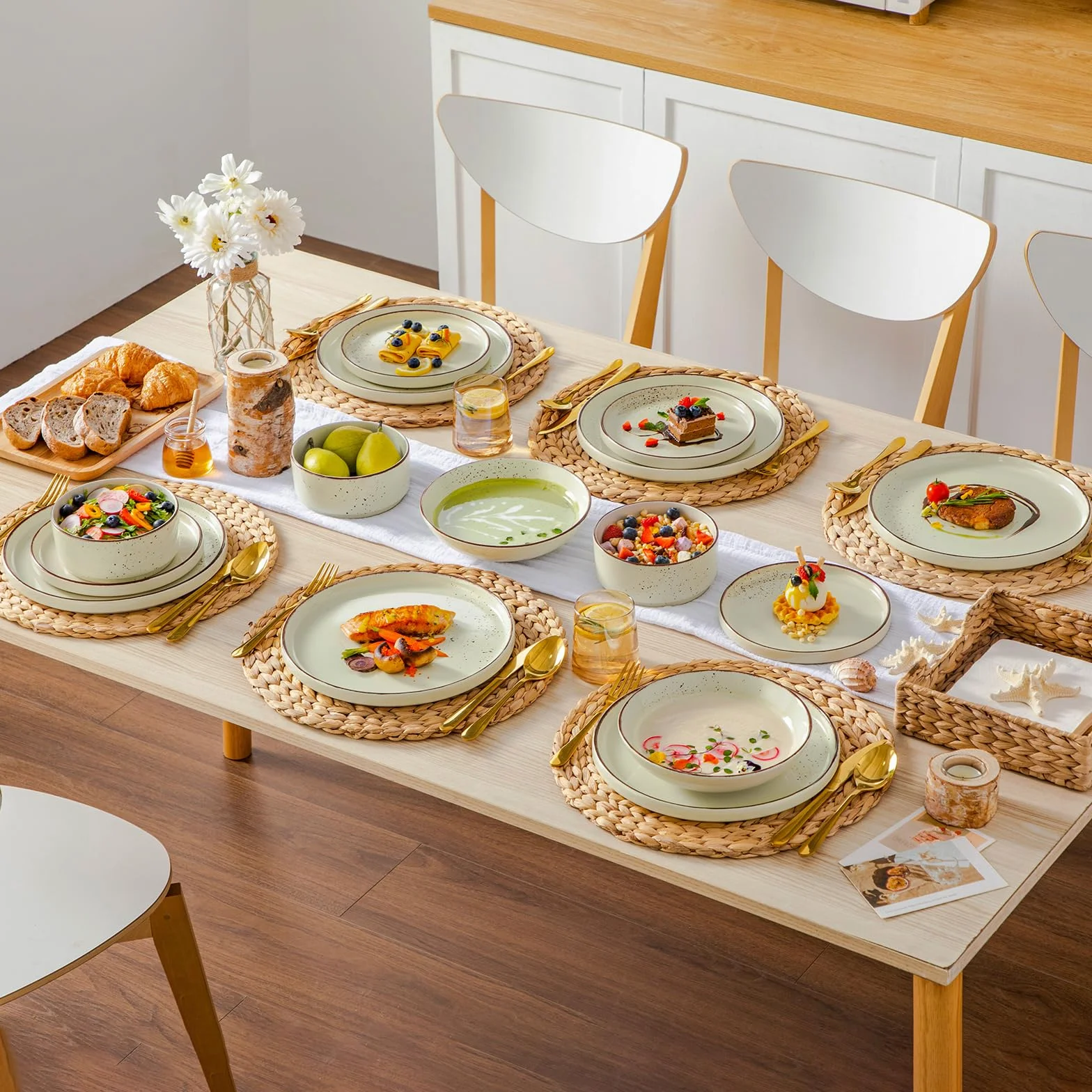 vancasso NAVIA - Vajilla Completa de 24 Piezas para 6 Personas, Platos Vajilla Moderna de Gres - 6 Cuencos Cereales, 6 Postres, 6 Platos Llanos y 6 Hondos - Apto para Microondas y Lavavajillas - Beige