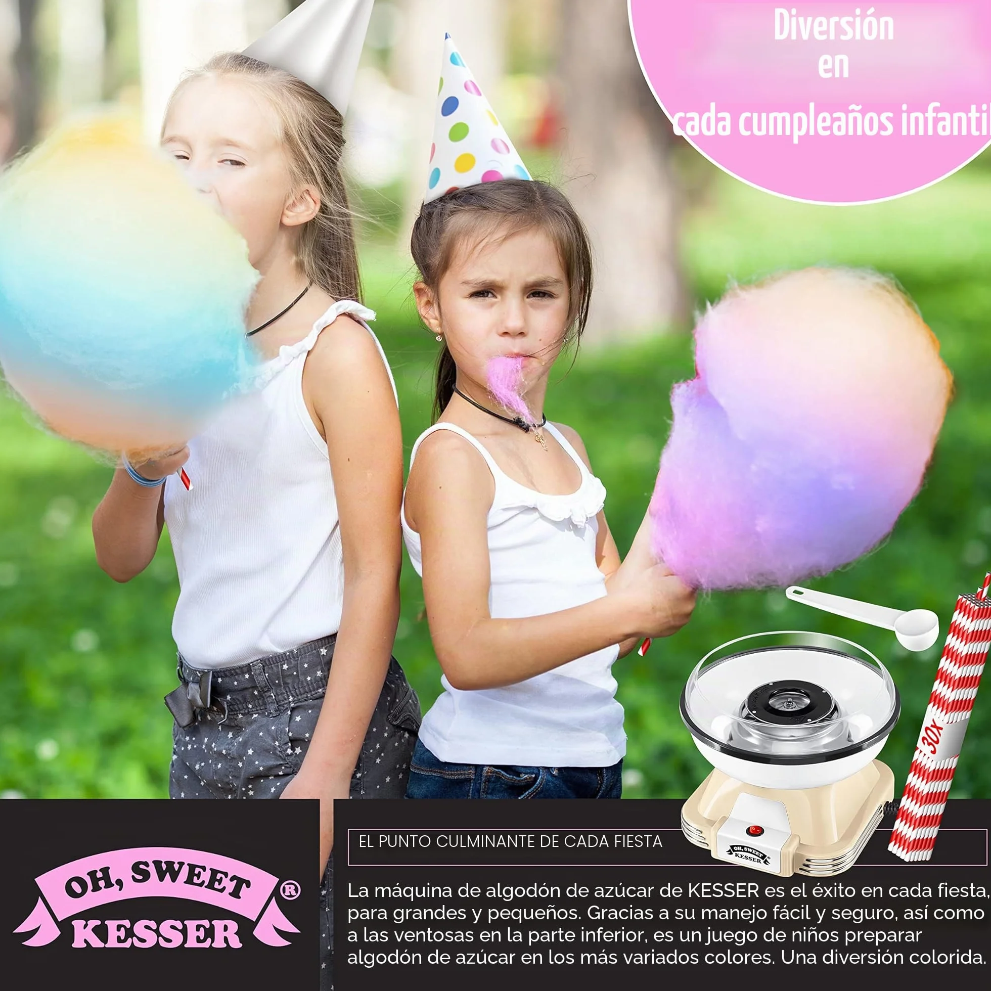 KESSER® Juego de máquina de algodón de azúcar para tu hogar – con 30 Varillas de algodón de azúcar y cucharas medidoras – Máquina de algodón Retro – Máquina de algodón de azúcar con Accesorios