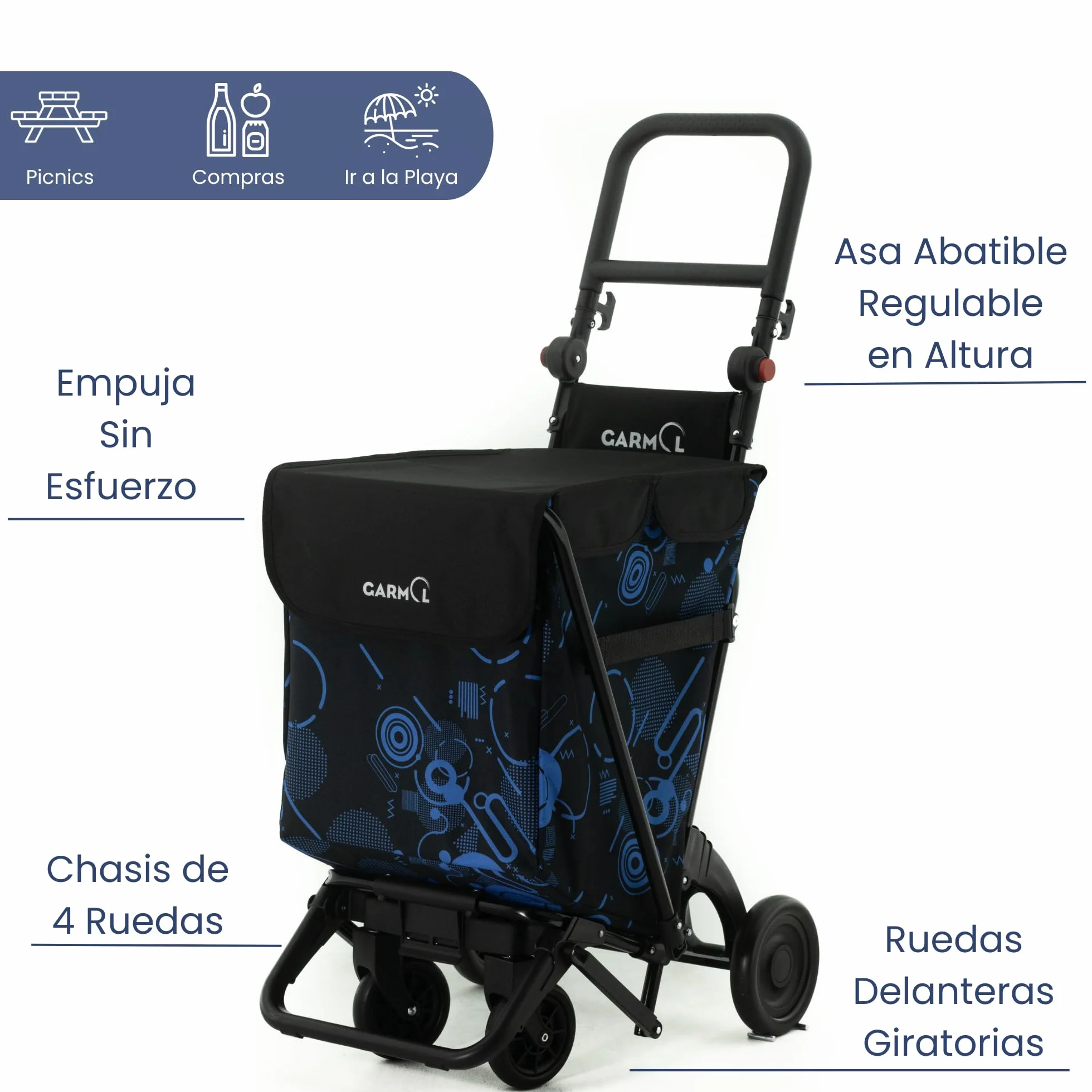 GARMOL Carro de la Compra Plegable 48 litros | Carro de la Compra 4 Ruedas Gran Capacidad | Carrito Compra 4 Ruedas Plegable Color Azul