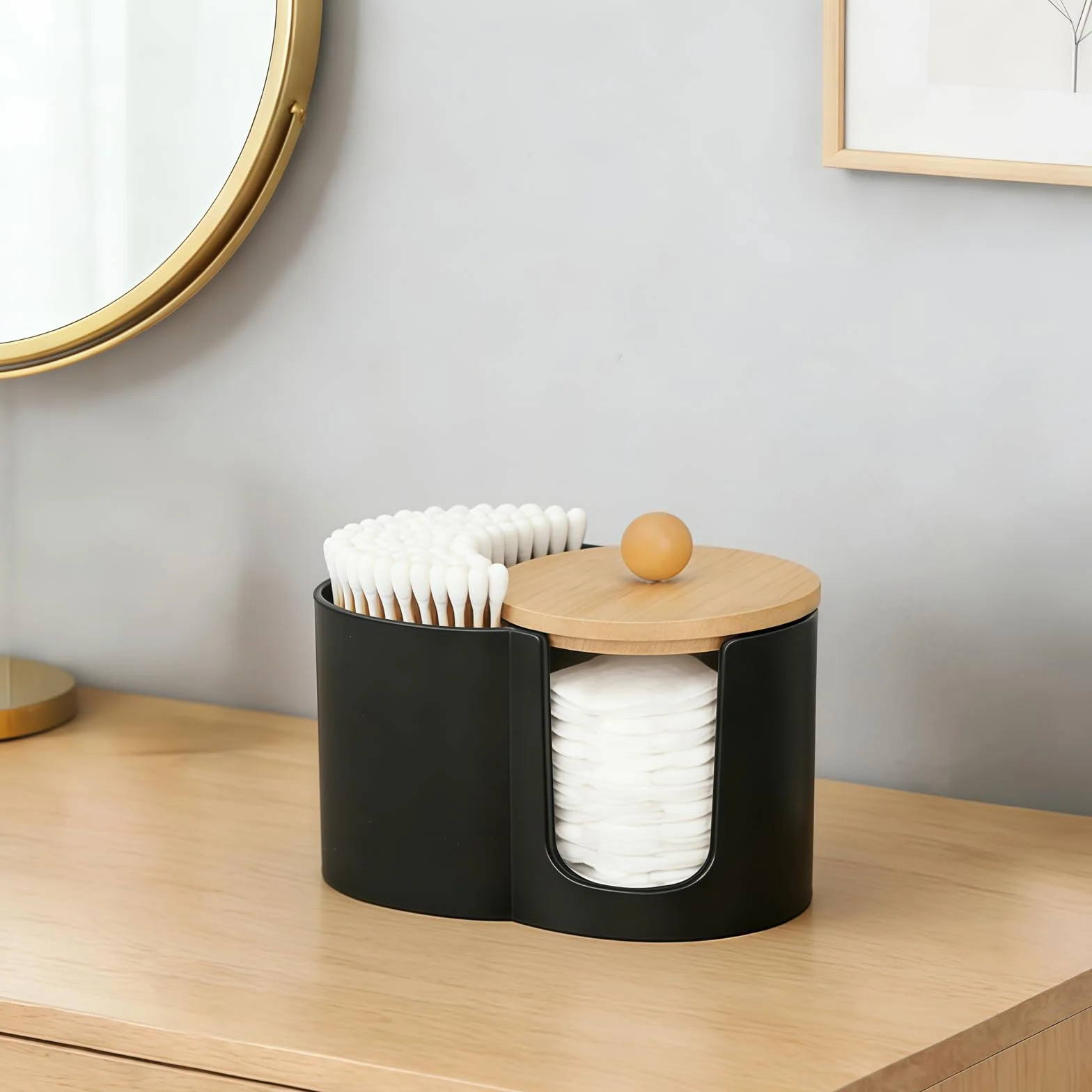 Bastoncillos de algodón negro con tapa de bambú, dispensador de almohadillas de algodón y dispensador de bastoncillos de algodón, almacenamiento con y apertura en forma de U, adecuado para