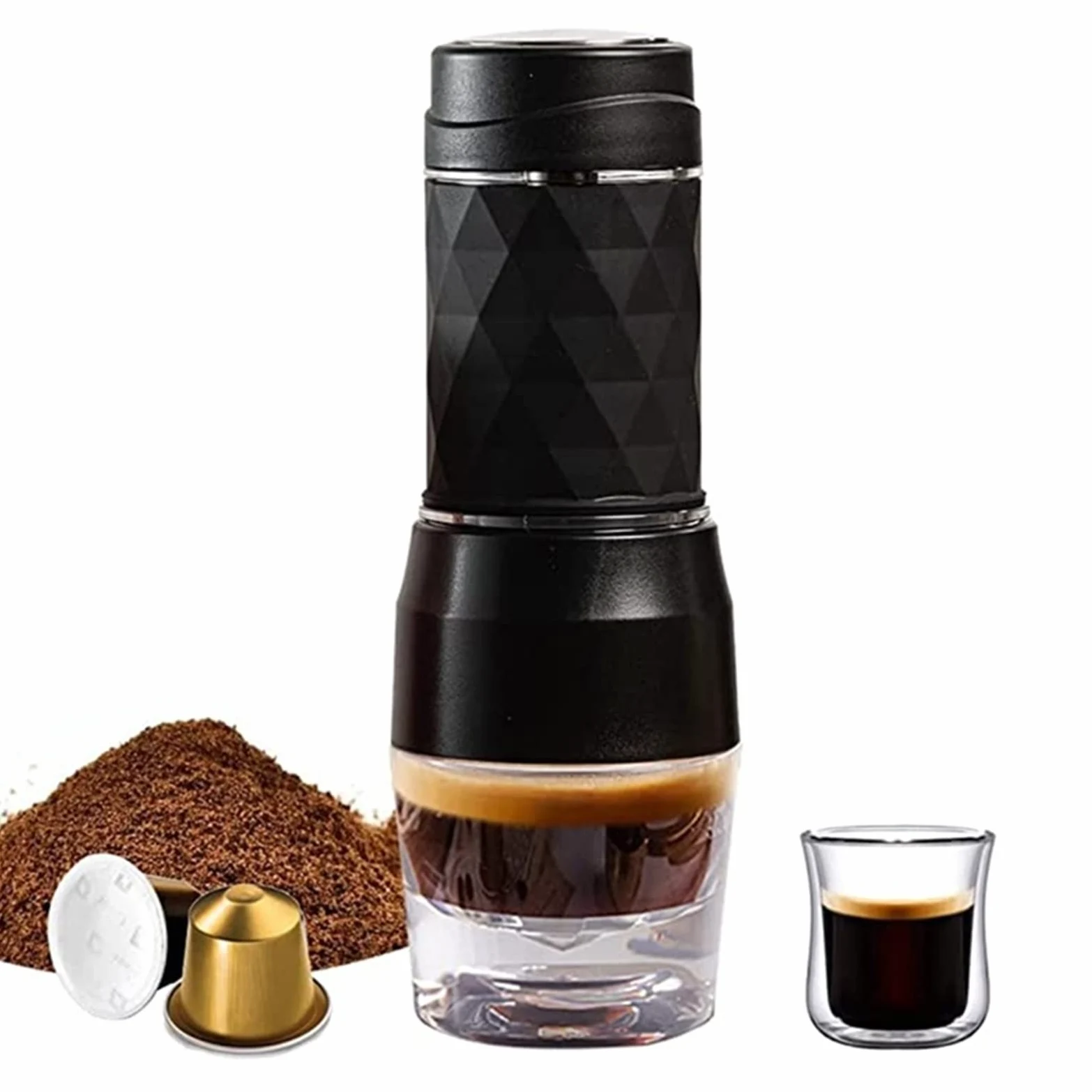 DieffematicKF Cafetera Cafetera portátil, máquina de café expreso, cápsula de Prensa Manual, cafetera de café molido, portátil para Viajes y Picnic (Color : Schwarz)