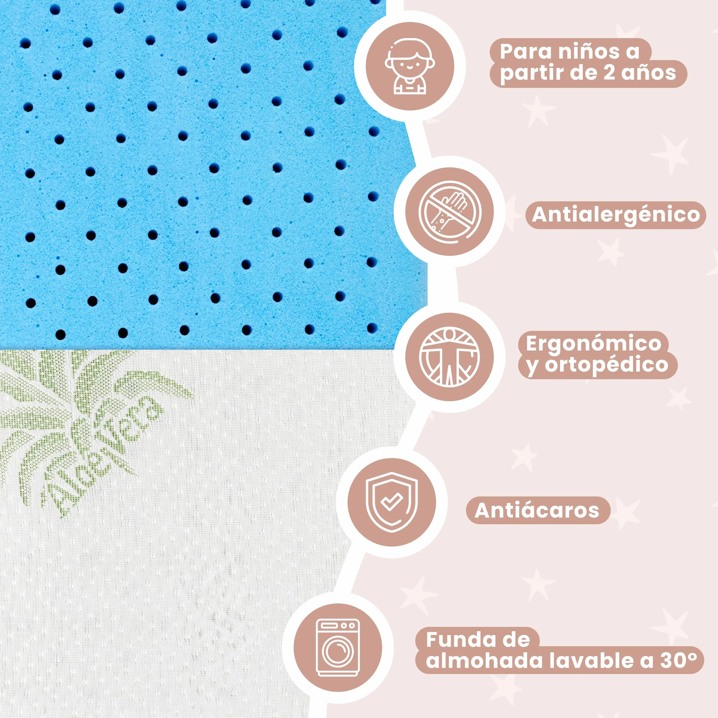 MIMUSELINA Almohada Bebe Viscoelástica Memory Foam 50x30x5,5 Transpirable Antisofocos Funda Aloe Vera Hipoalergénica