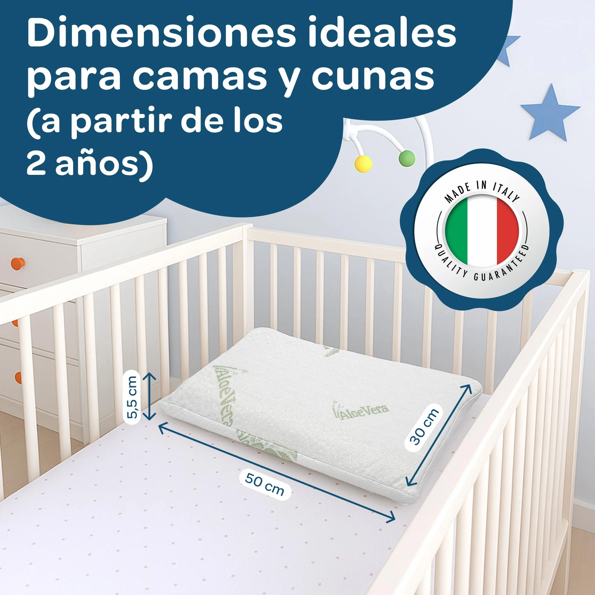 DOLCI SOGNI Almohada Bebé Viscoelástica Ergonómica Hipoalergénica Memory Foam Transpirable Cojín Suave Funda Aloe Vera Lavable