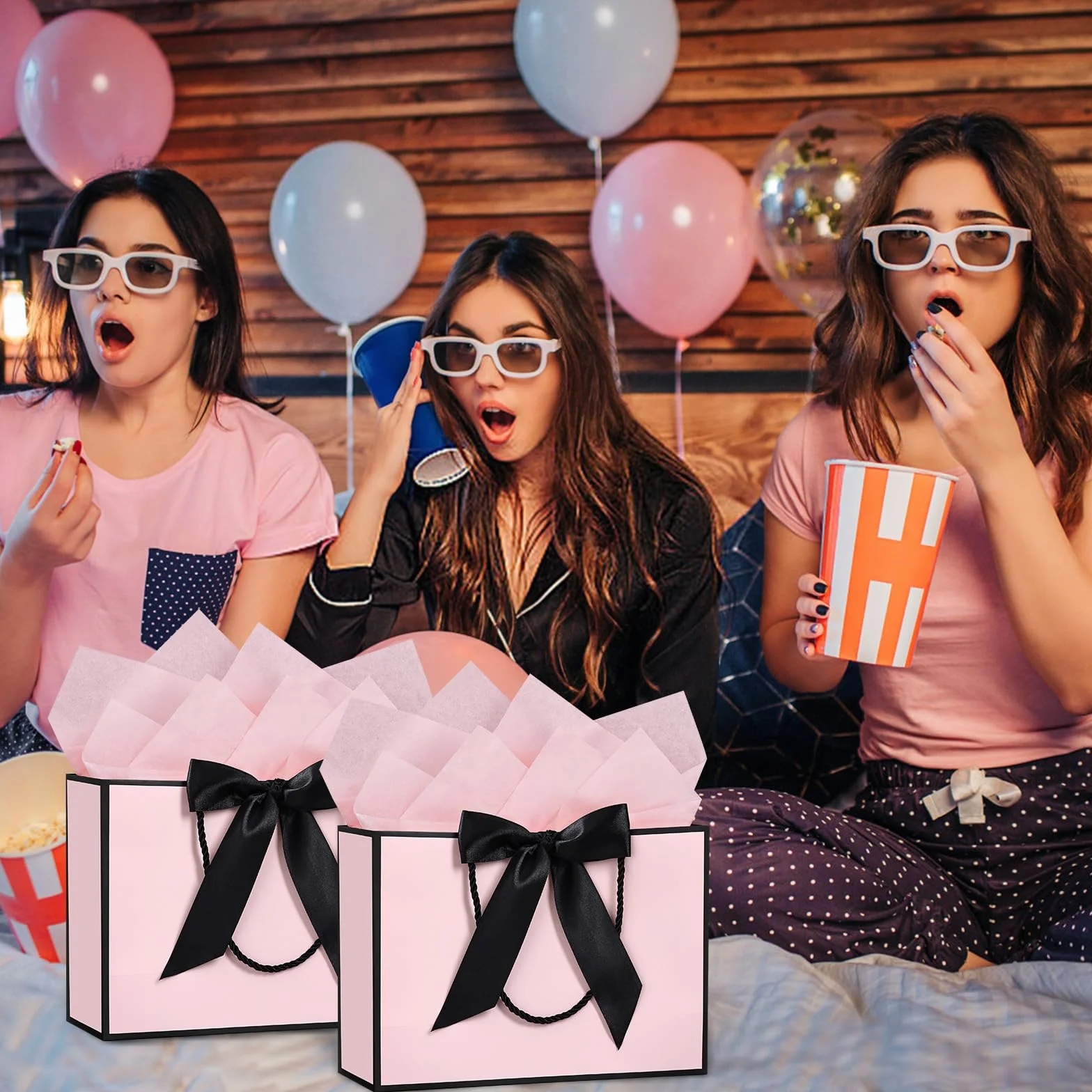 BBLIKE bolsas de regalo con asa - 2 bolsas de regalo + 2 tarjetas de felicitación + 4 papel Sydney, bolsas de papel con asa, envoltorio para regalos, cumpleaños (Rosa Borde Negro)