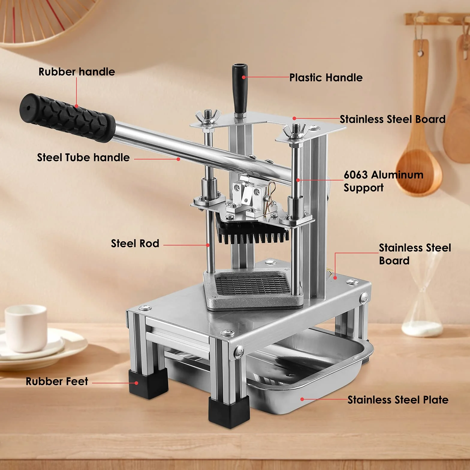 Comercial Cortador de freír francés con 3 Cuchillas de Repuesto, 1/2", 1/4" y 3/8" Cuchillas Trituradora Simple Triturador de Patatas Fritas, Limón y Patatas con Mango Alargado