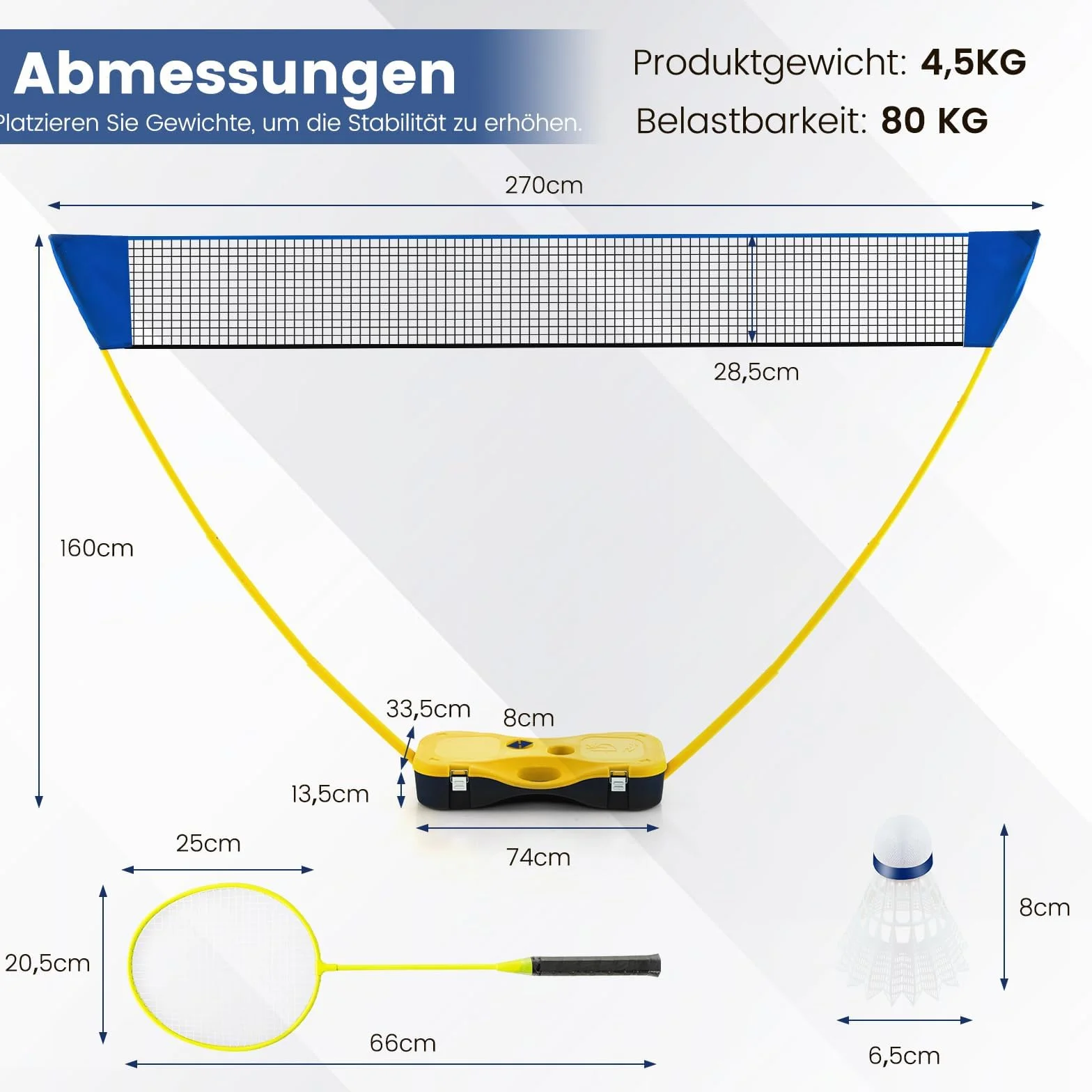 GYMAX Juego de Bádminton Portátil con 2 Raquetas, Red Premium, 2 Volantes y Estuche de Almacenamiento, para Interiores y Exteriores (Amarillo)
