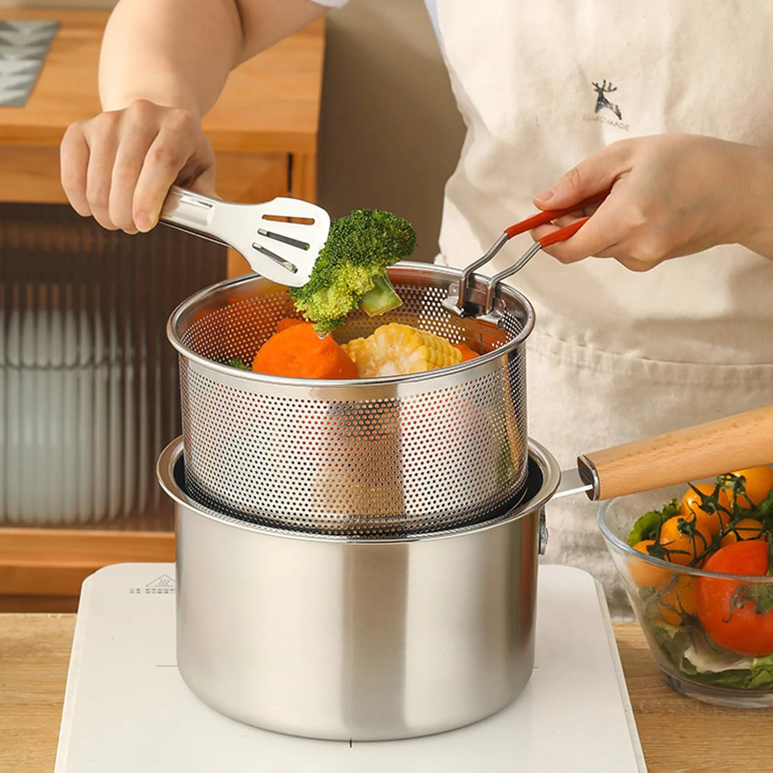 Set de coladores de cocina de acero inoxidable, 2 piezas, colador de pasta con asas desmontables, colador de metal para freidora, colador de cocina para lavar, escurrir, freír, cocinar, cocinar al