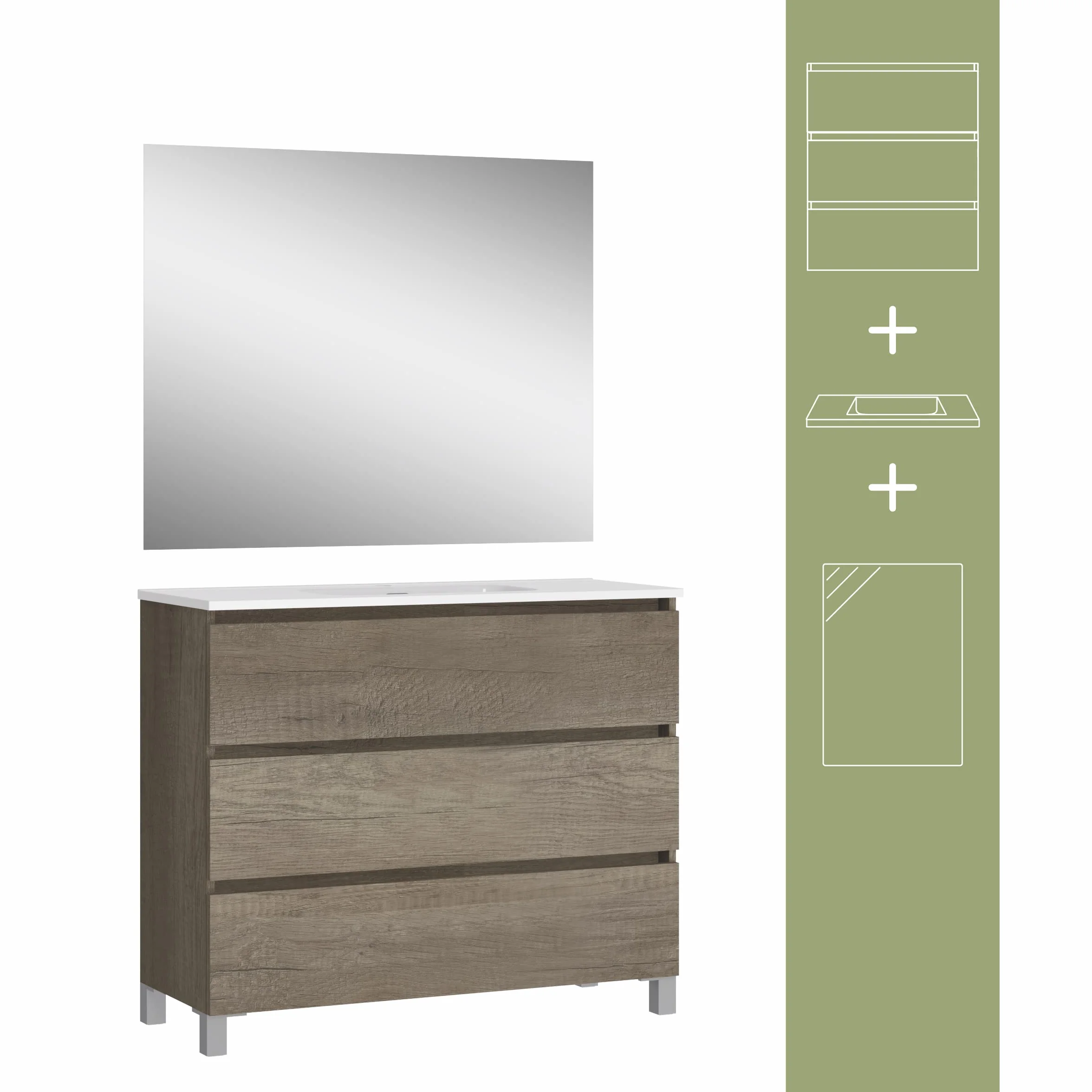 Baikal, Conjunto de baño Natura. Mueble de Baño de Fondo Reducido, con Lavabo cerámico. Distribución Tres Cajones. Mueble MONTADO. Tres Cajones con Espejo. Fondo 39cm 90 cm Nebraska