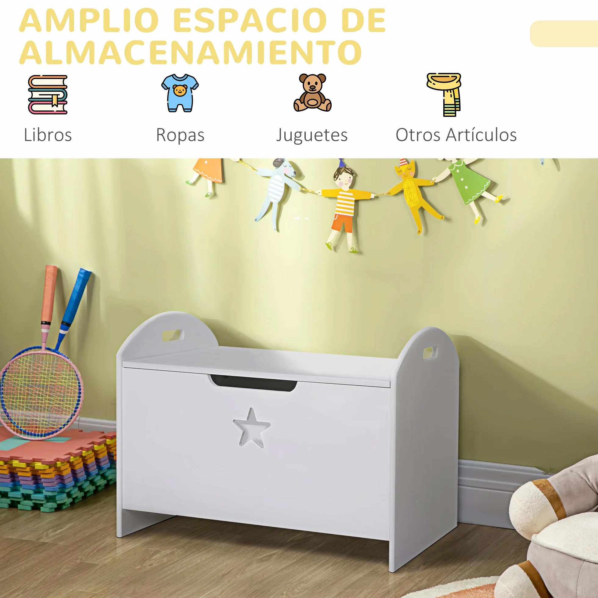 HOMCOM Baúl de Almacenaje Organizador de Juguete de Niño Tapa Reversible Diseño con Seguridad 62x40x46,5 cm Amplio Espacio Carga 20 kg Blanco