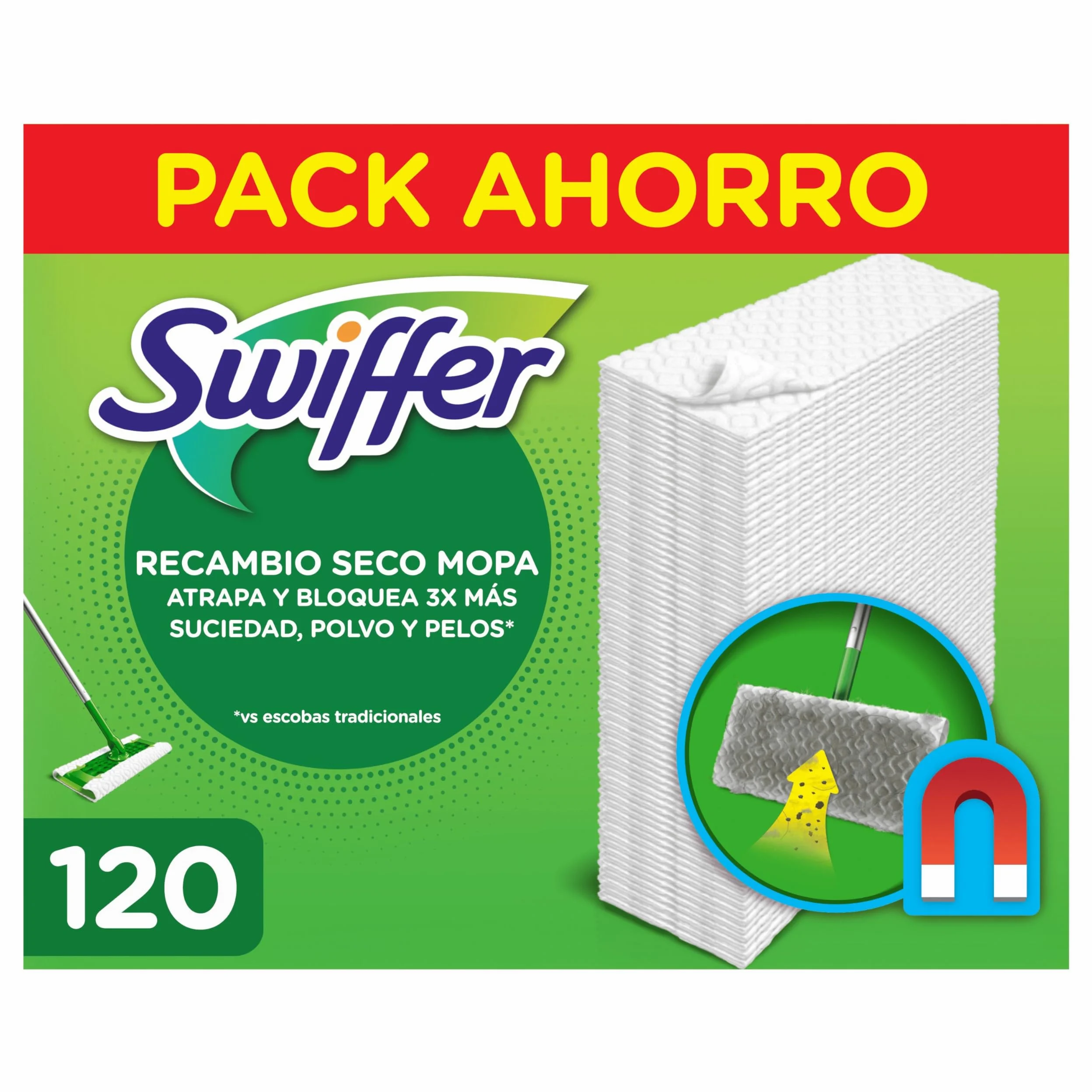 Swiffer Paños Secos Para Mopa De Recambio Para Parqué Y Todo Tipo de Suelos, Atrapa 3 Veces Mas Polvo, Suciedad Y Pelo Que Una Escoba, 120 Unidades
