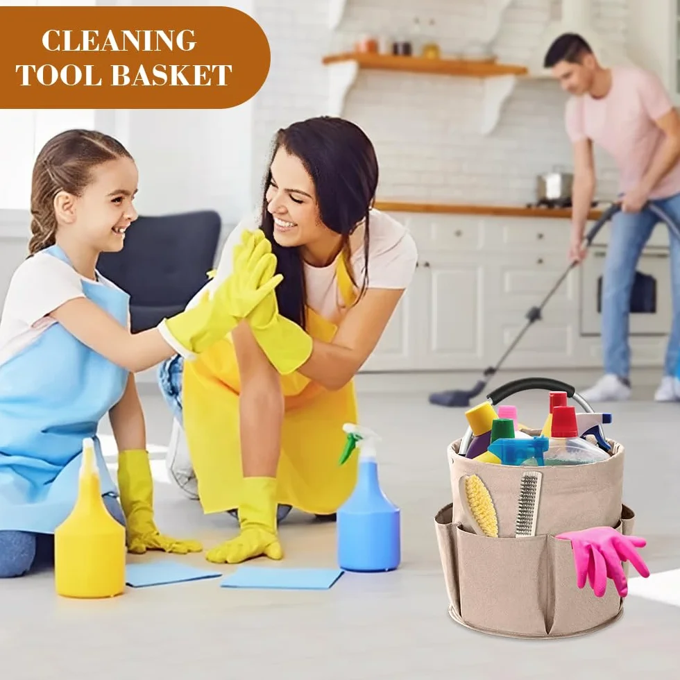 Cesta Organizador Productos Limpieza 17 L,Bolsa de Limpieza Plegable,Cleaning Caddy,Cesta Limpiezas Portátil con Asa Y Bolsillos,Cubo Porta Productos de Limpiezas,Bolsa Herramientas Redonda