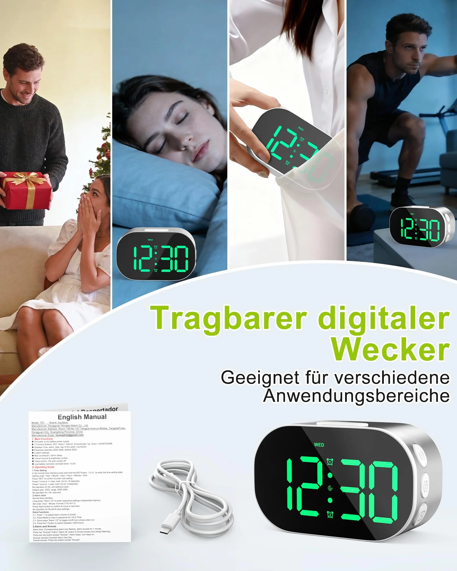 Reloj Despertador Digital de Mesita,Despertador de Aluminio con Números Grandes,Snooze,12/24H,para Dormitorio, Mesita de Noche y Viaje (Plateado)