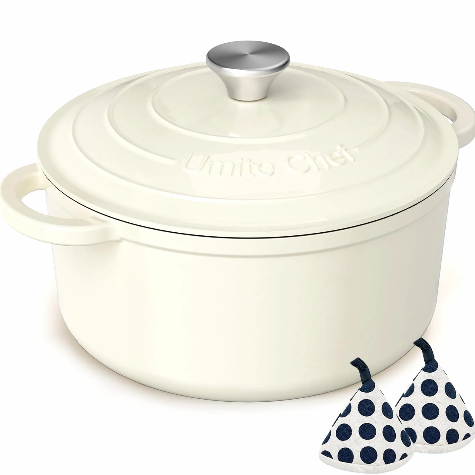 Umite Chef - Horno holandés de hierro fundido esmaltado, olla de 5 cuartos con tapa, libro de cocina y agarraderas de algodón, utensilios de cocina resistentes para estofar, guisos, asar, hornear pan