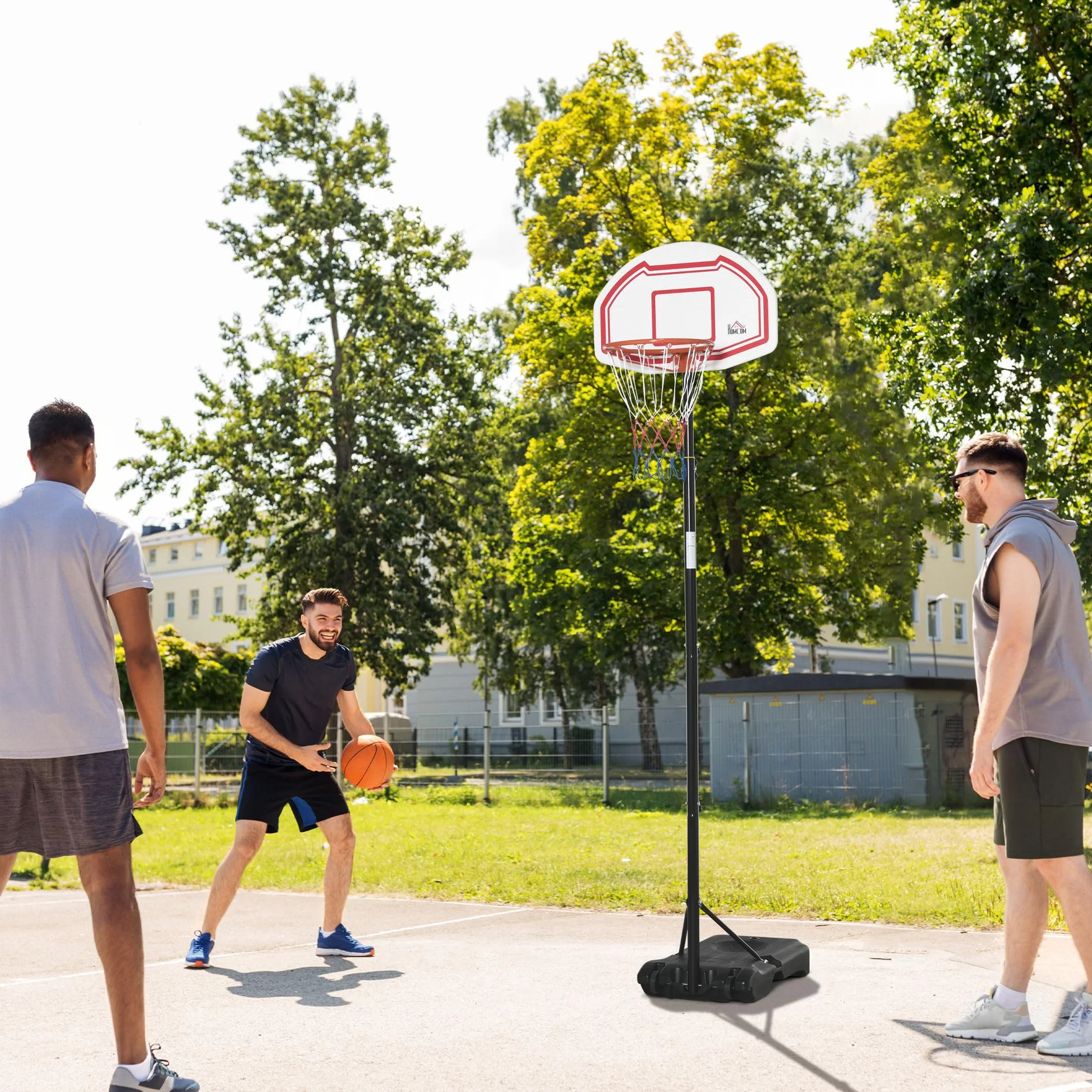 HOMCOM Canasta de Baloncesto Exterior Altura Regulable 258-314 cm Aro Base Rellenable Ruedas Negro Rojo