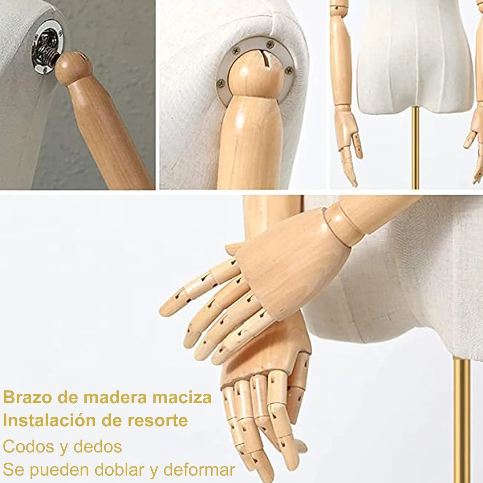 Maniquí Femenino con Forma de Torso de Vestido, Cuerpo de maniquí con Cabeza Desmontable, Manos de Madera y Soporte Dorado Ajustable de 55 a 80 Pulgadas de Altura, para exhibición de Joyas de Vestir